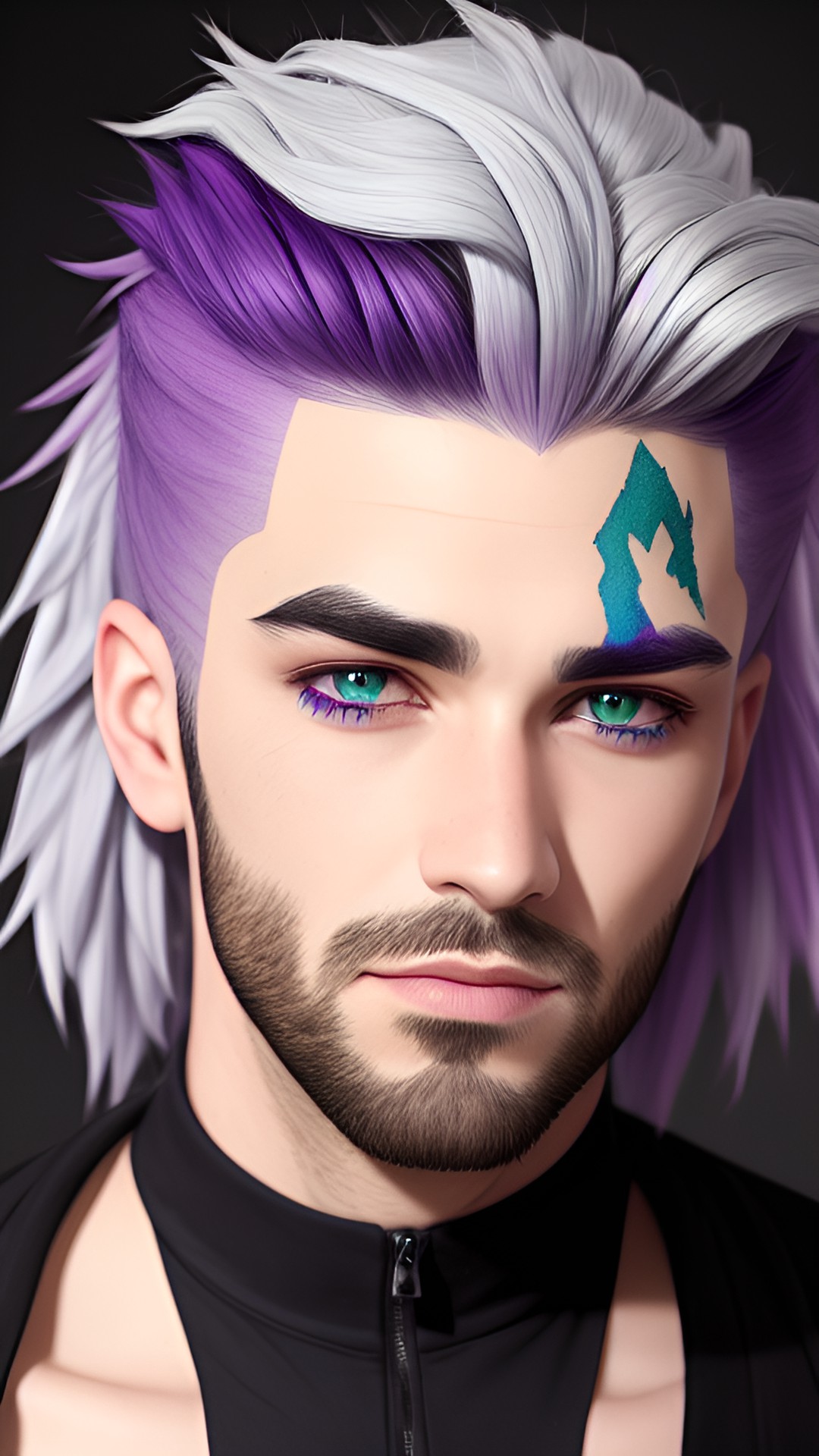 guy with gray hair with purple ends.  heterochromia one eye green, the other blue.  eyebrow piercing and cheek scar. preview