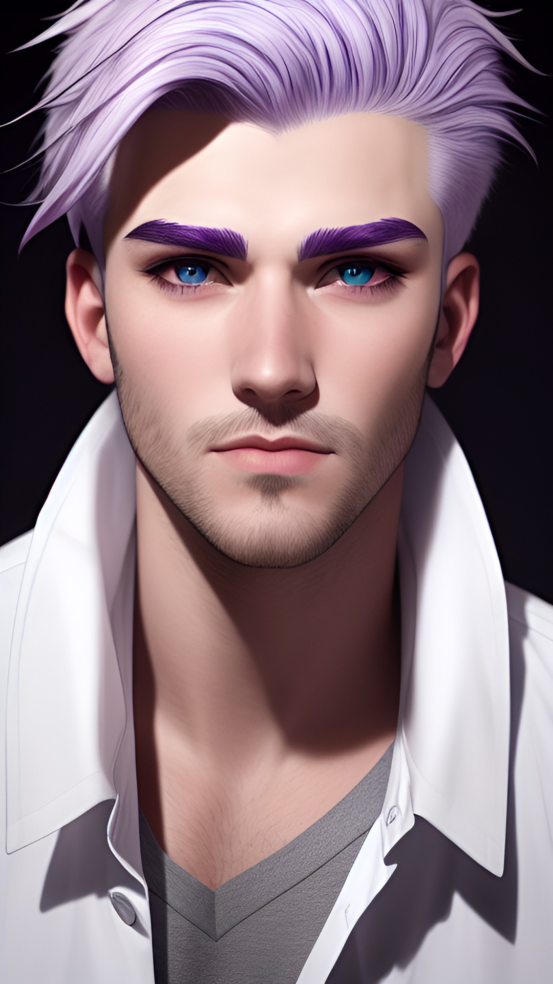 guy with gray hair with purple ends.  white skin.  heterochromia: one eye is green, the other is blue.  eyebrow piercing and cheek scar.  without a beard! preview