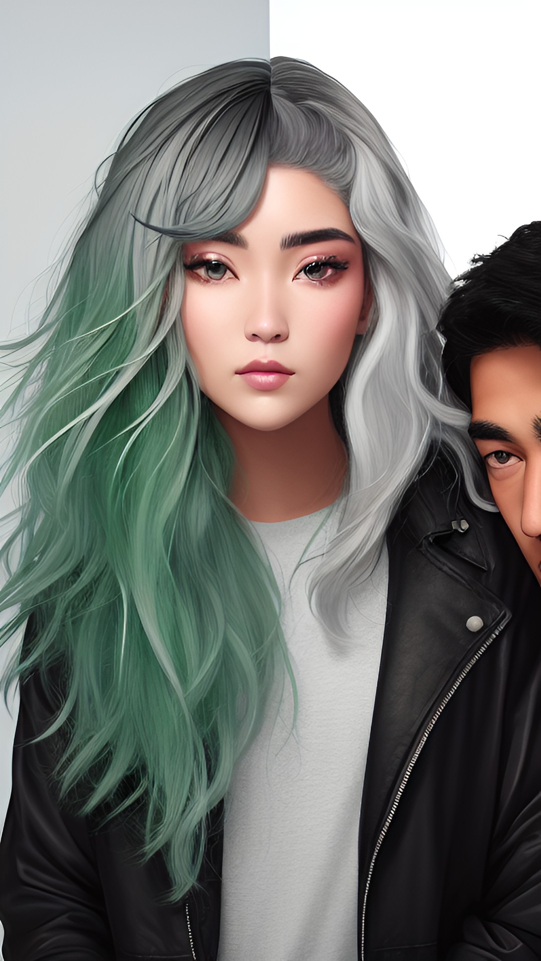 a guy with gray hair, and the tips of her hair are green.  white skin. preview