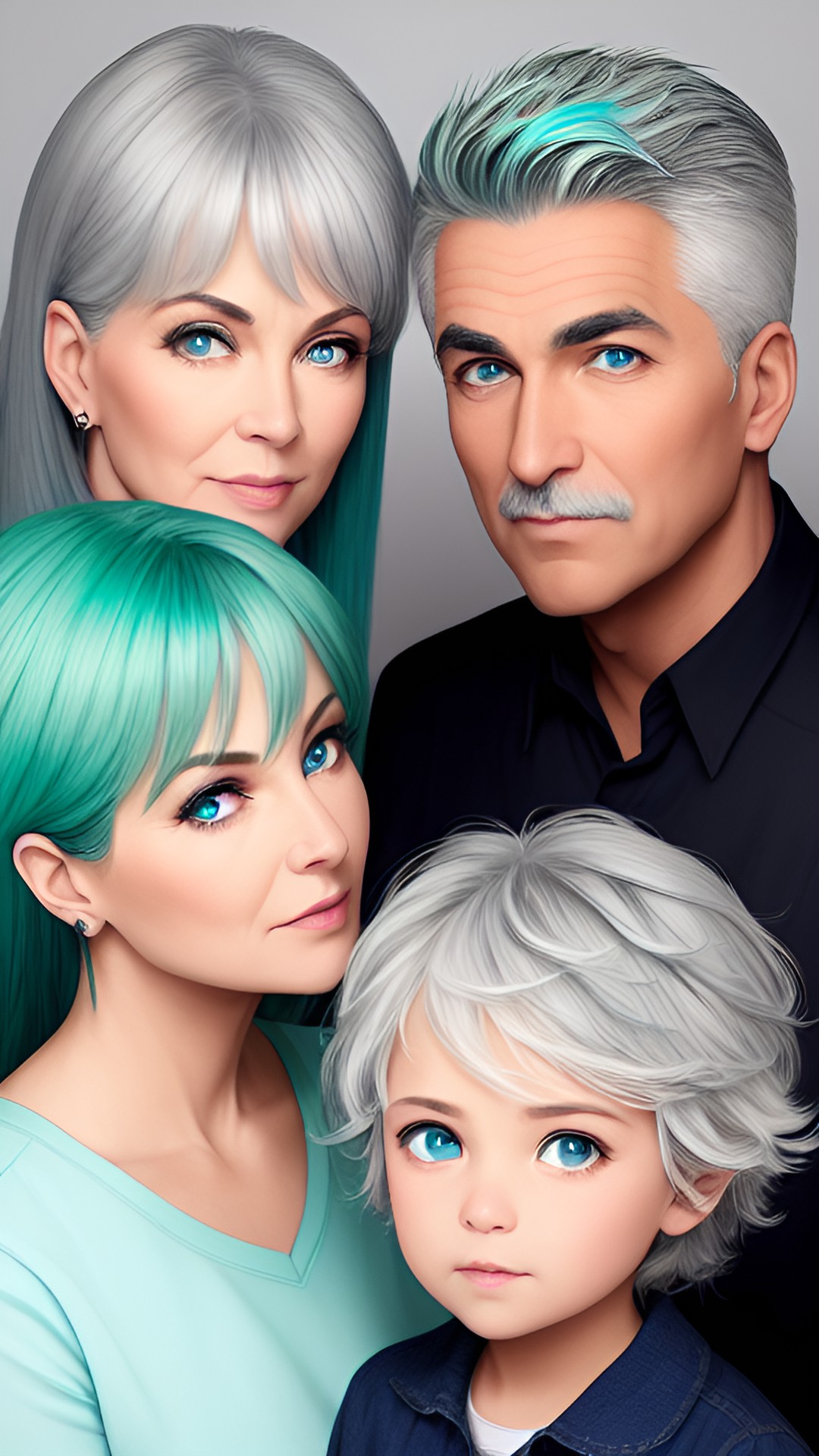 parents, mom grey hair and blue eyes.  dad green hair and green eyes. preview