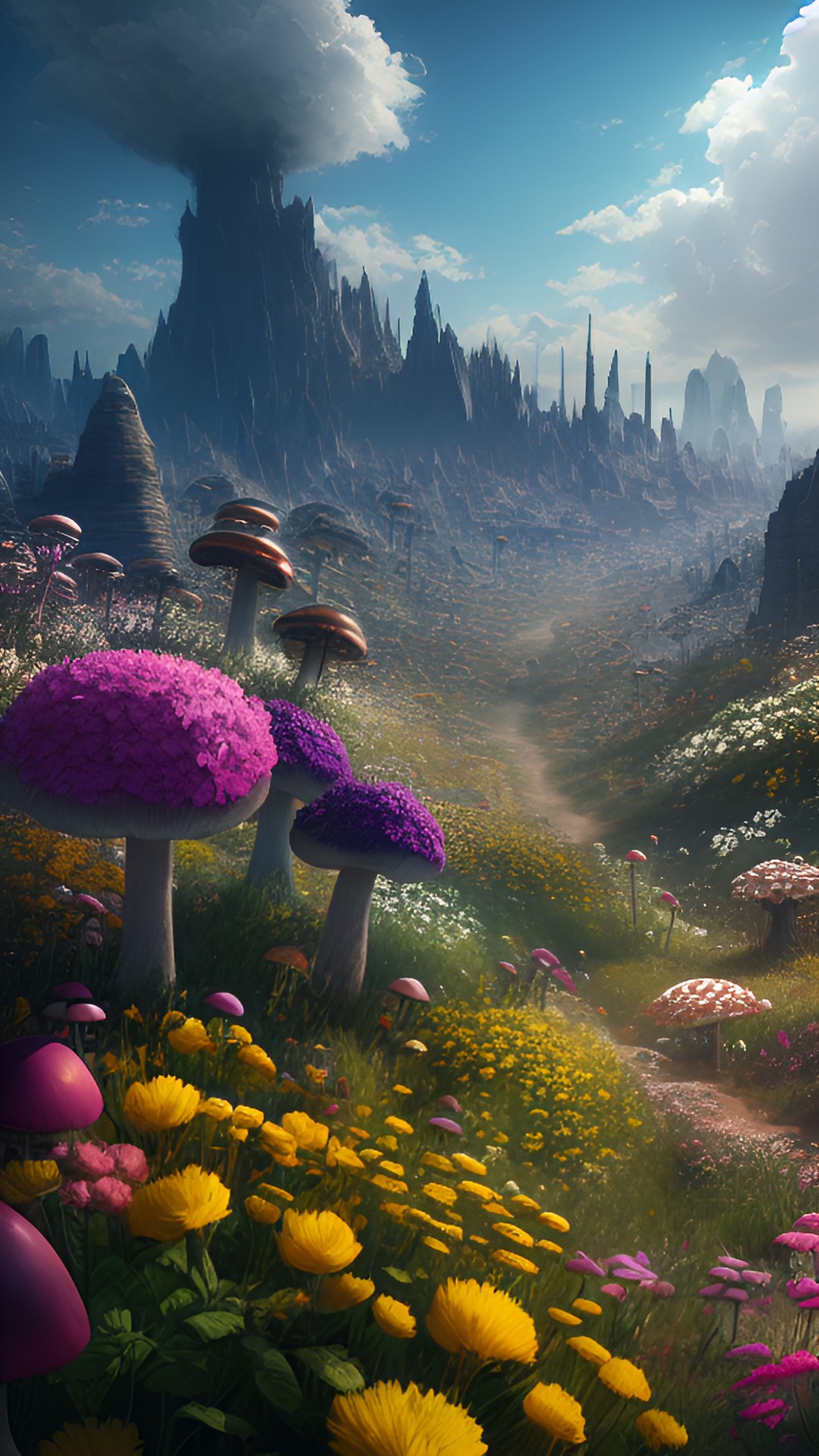 the wasteland filled with giant flowers and mushrooms, au naturel, hyper detailed, digital art, trending in artstation, cinematic lighting, studio quality, smooth render, unreal engine 5 rendered preview