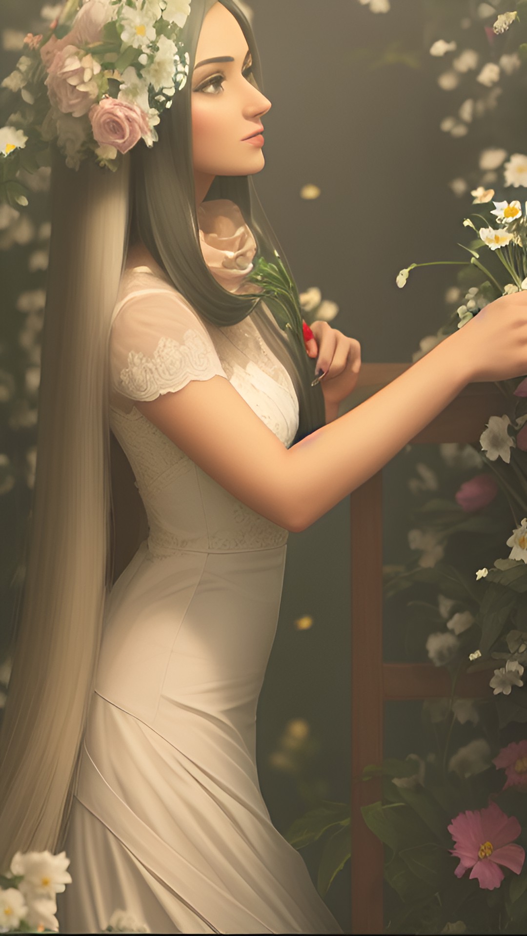 woman with very long hair, flowers preview