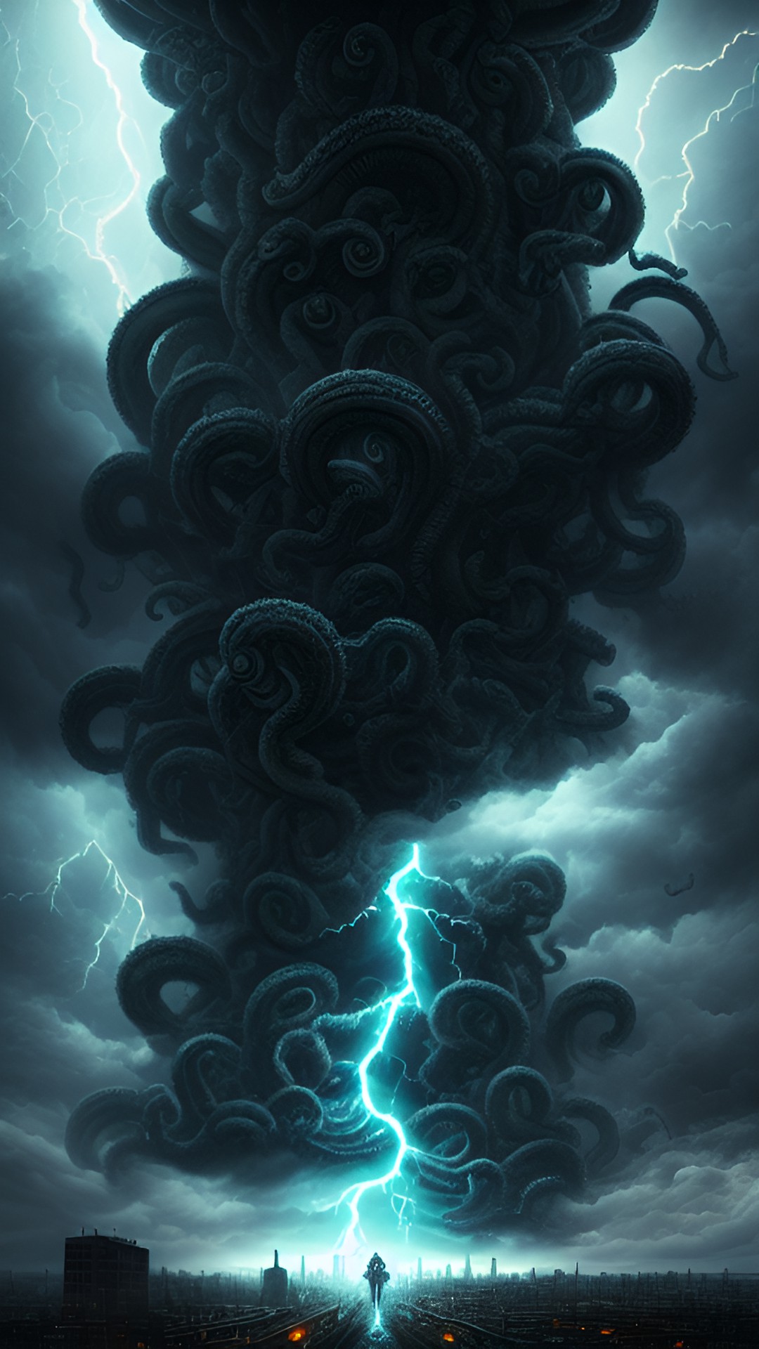 Cthulhu storm - lovecraftian storm, human beings existing in poverty, anthropomorphic tentacles descending ominously from clouds, apocalyptic sky, lightning, apocalyptic storm, dystopian, realistic textures, intricate details, preview