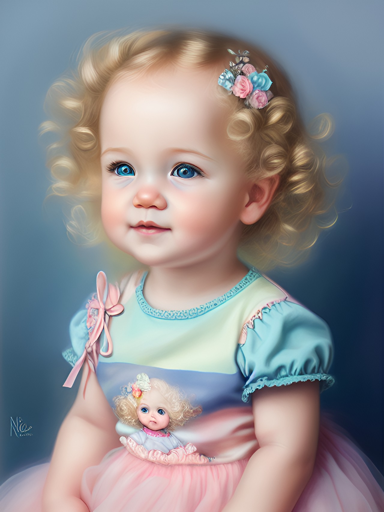 a  six month old baby with blonde curly hair smiling, she has sky blue eyes, with kawaii realistic portrait, melancholy pastel art, by nicoletta ceccoli, soey milk, cute detailed digital art, exquisite digital illustration, inspired by nicol preview