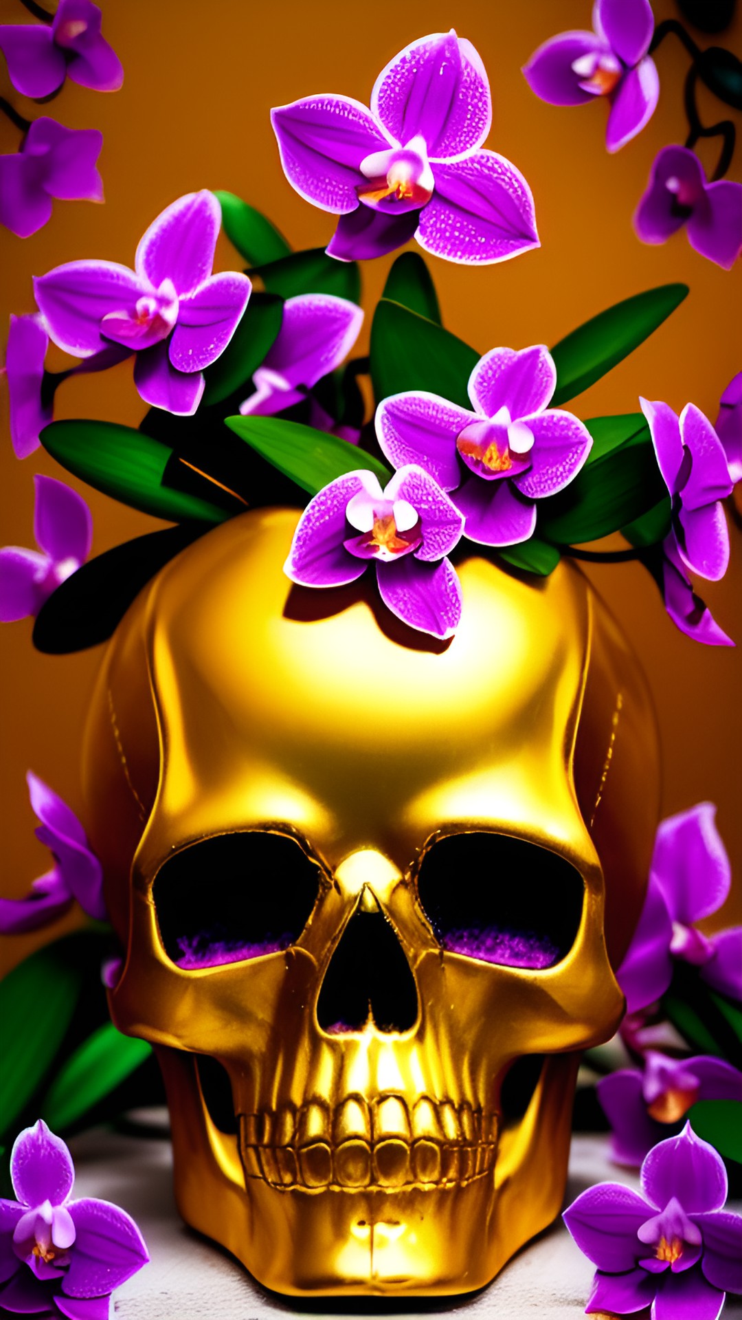 a golden skull covered in orchids preview