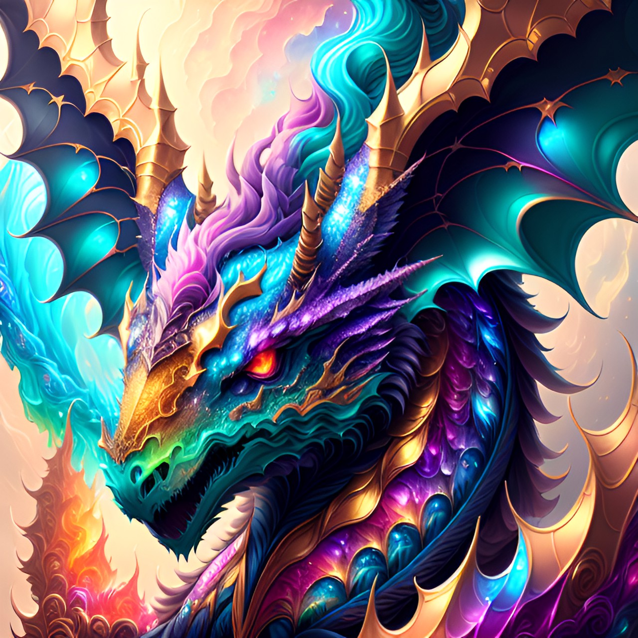 iridescent fluffy colorful celestial dragon preview