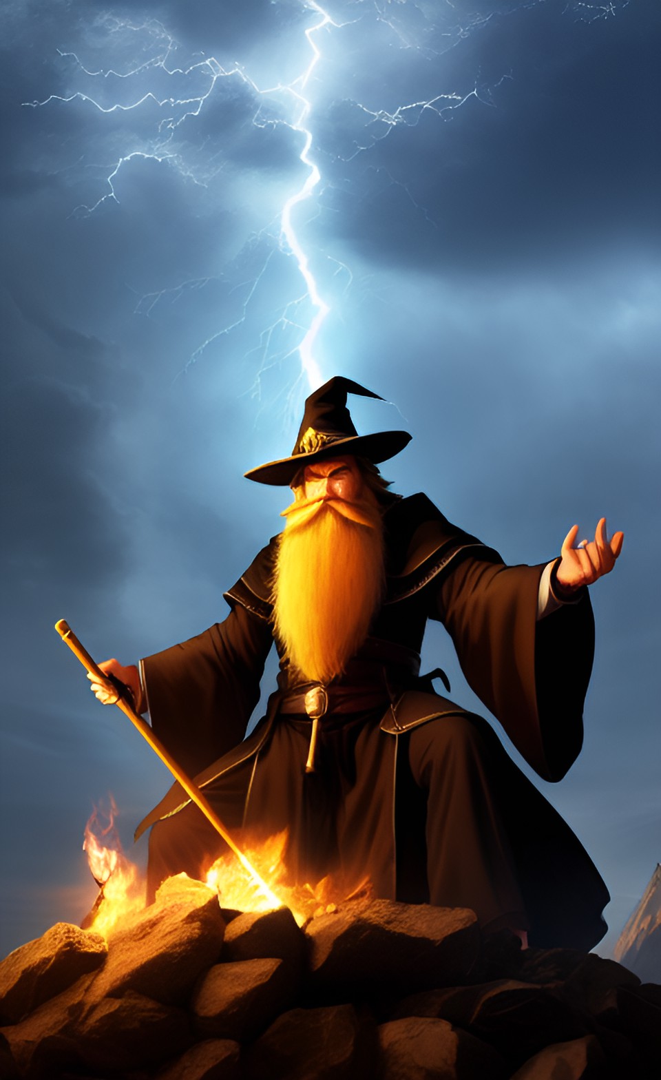 The angry wizard of fire - angry wizard with long beard, thunderstorm from his eyes and holding a fire staff preview