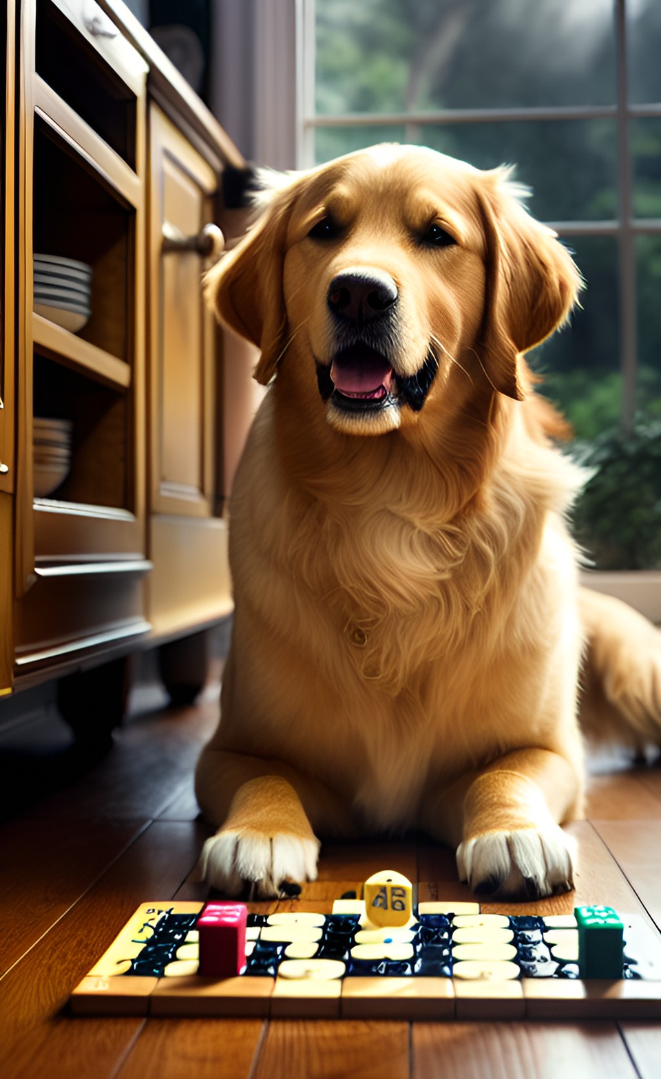 Einstein, (Dean Koontz "Watchers") - perfectly clever strong golden retriever combines the word from scrabble on the kitchen floor. old house. color grading, 5d, ultra-hd, hdr, intricately-detailed, super-detailed, spotlight preview