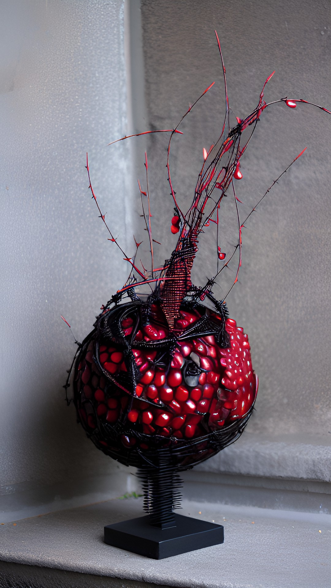 visceral abstract sculpture made of pomegranate arils and barbed wire preview