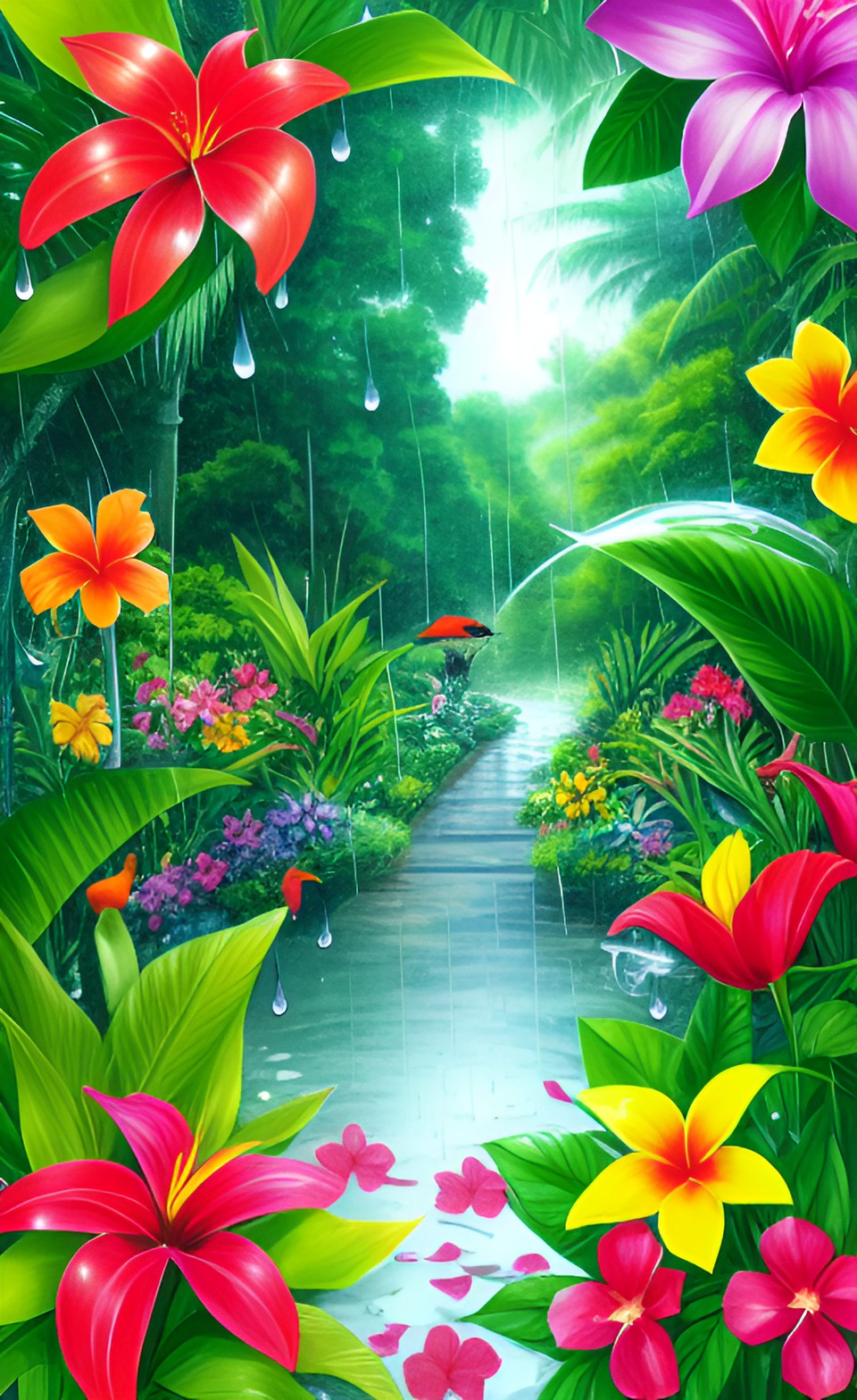 tropical garden in the rain - the perfect tropical floral garden of eden, with rain drops on the petals, and birds hopping about preview