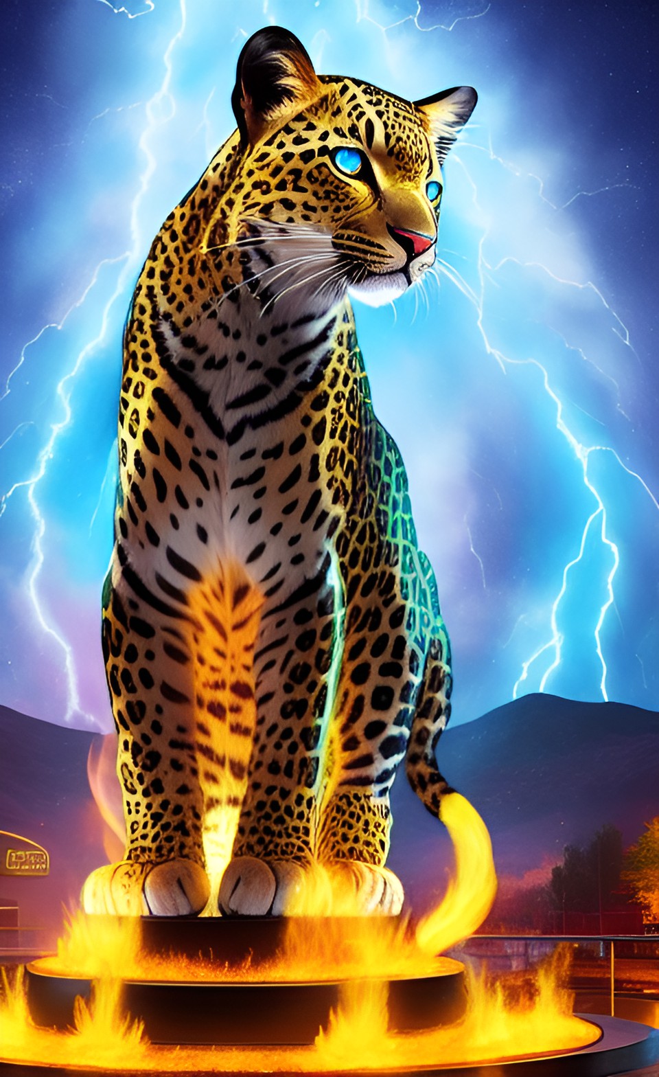 leopard - iridescent leopard, fire frozen statue in lightning spaceport leopards flying nuclear starship preview