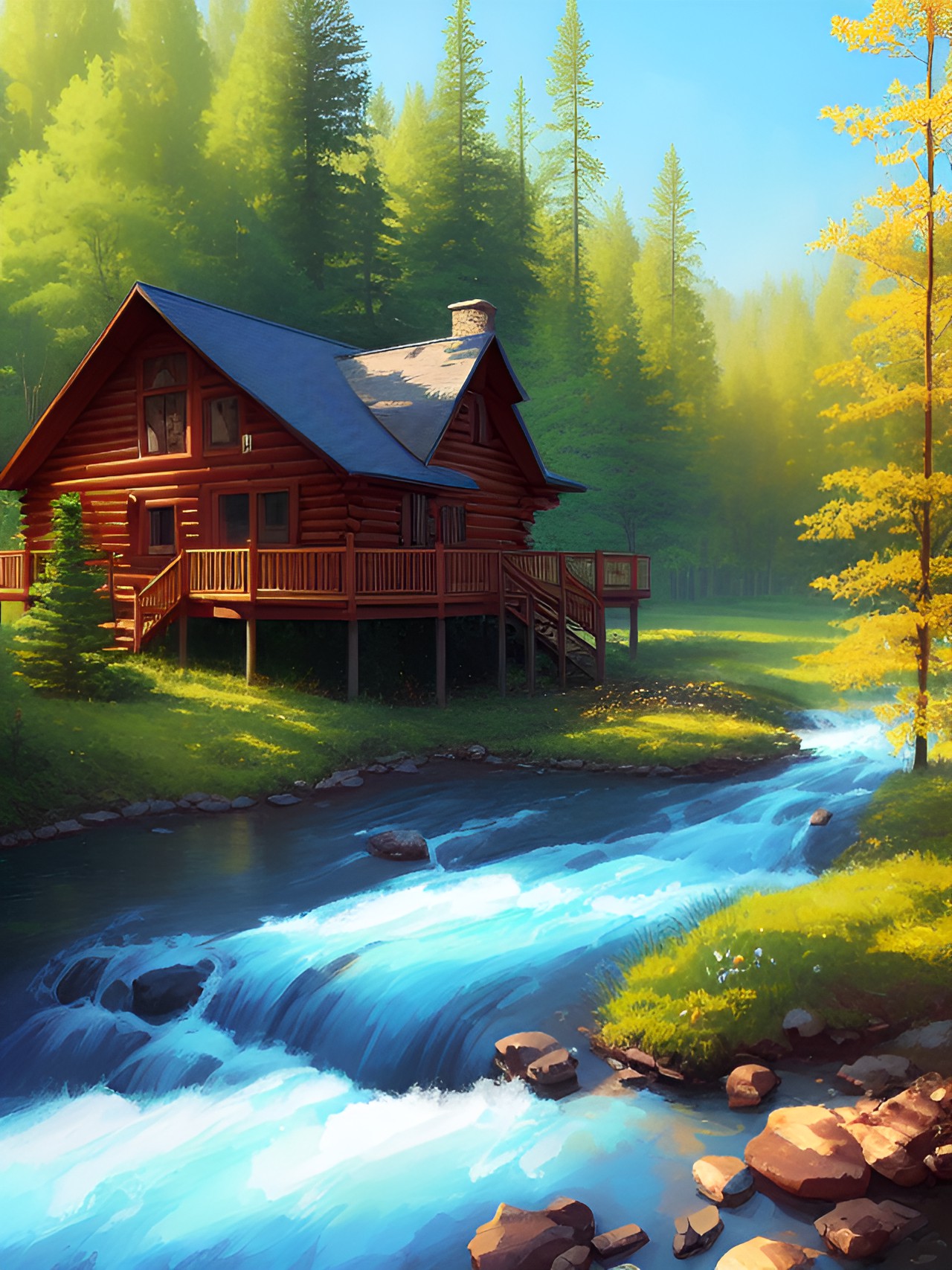 large cabin by a river with pines all around preview