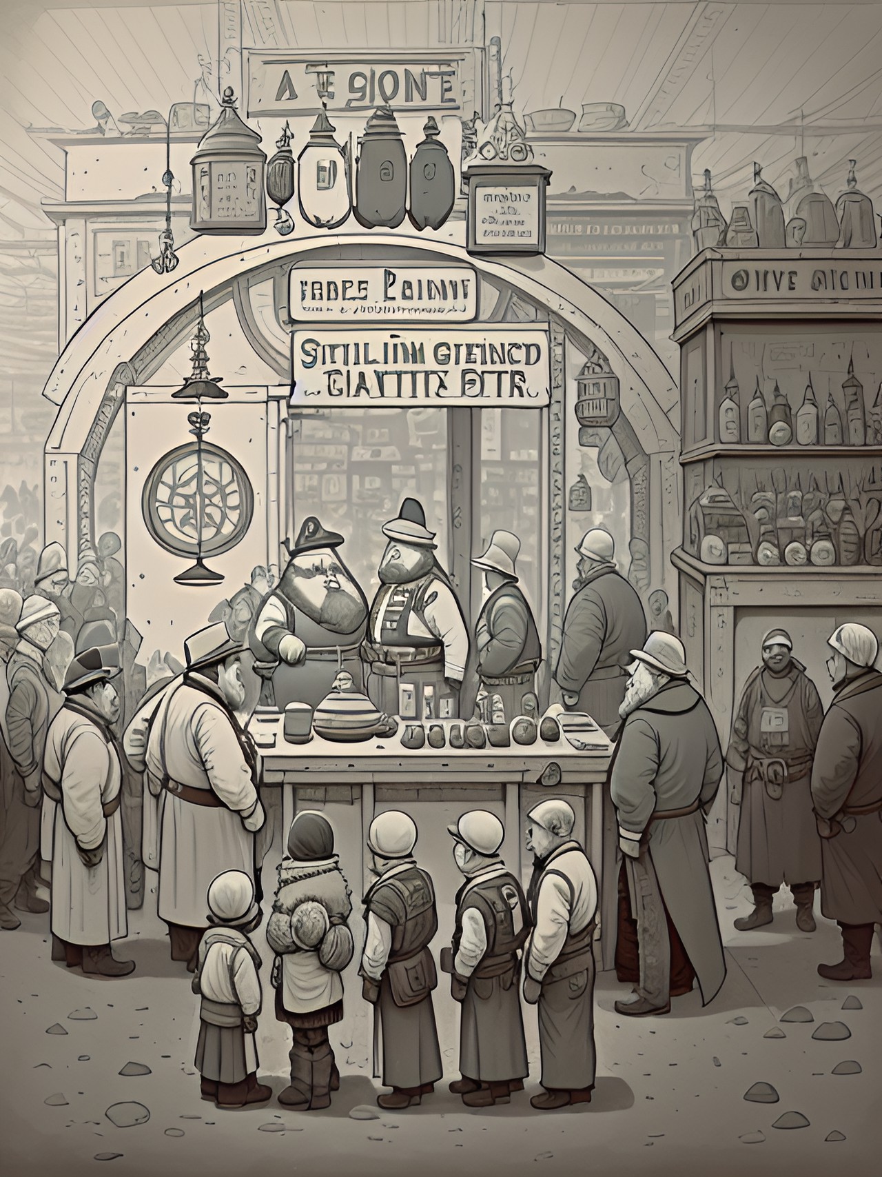 long line of people holding various pieces of junk. they are queuing in front of a table where a fat, grizzled man is inspecting and weighing their wares. two large guards stand to either side, ready to enforce the peace preview