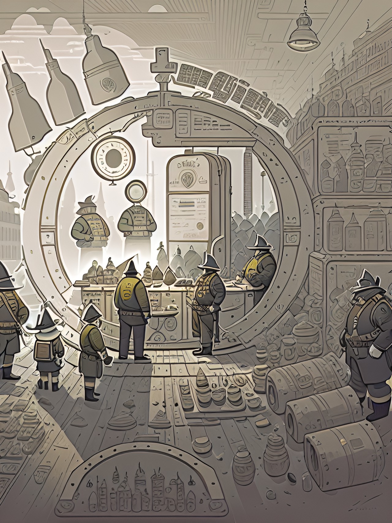 long line of people holding various pieces of junk. they are queuing in front of a table where a fat, grizzled man is inspecting and weighing their wares. two large guards stand to either side, ready to enforce the peace preview