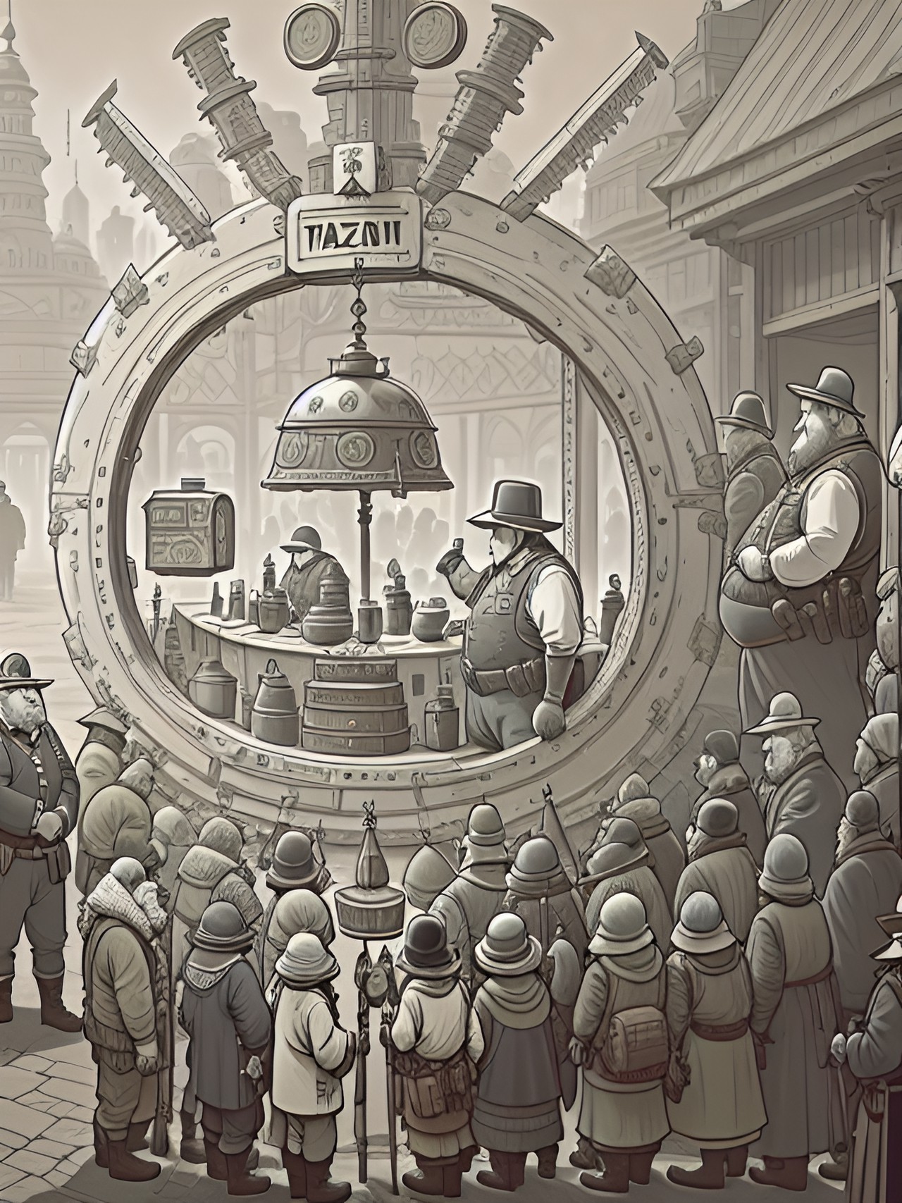 long line of people holding various pieces of junk. they are queuing in front of a table where a fat, grizzled man is inspecting and weighing their wares. two large guards stand to either side, ready to enforce the peace preview