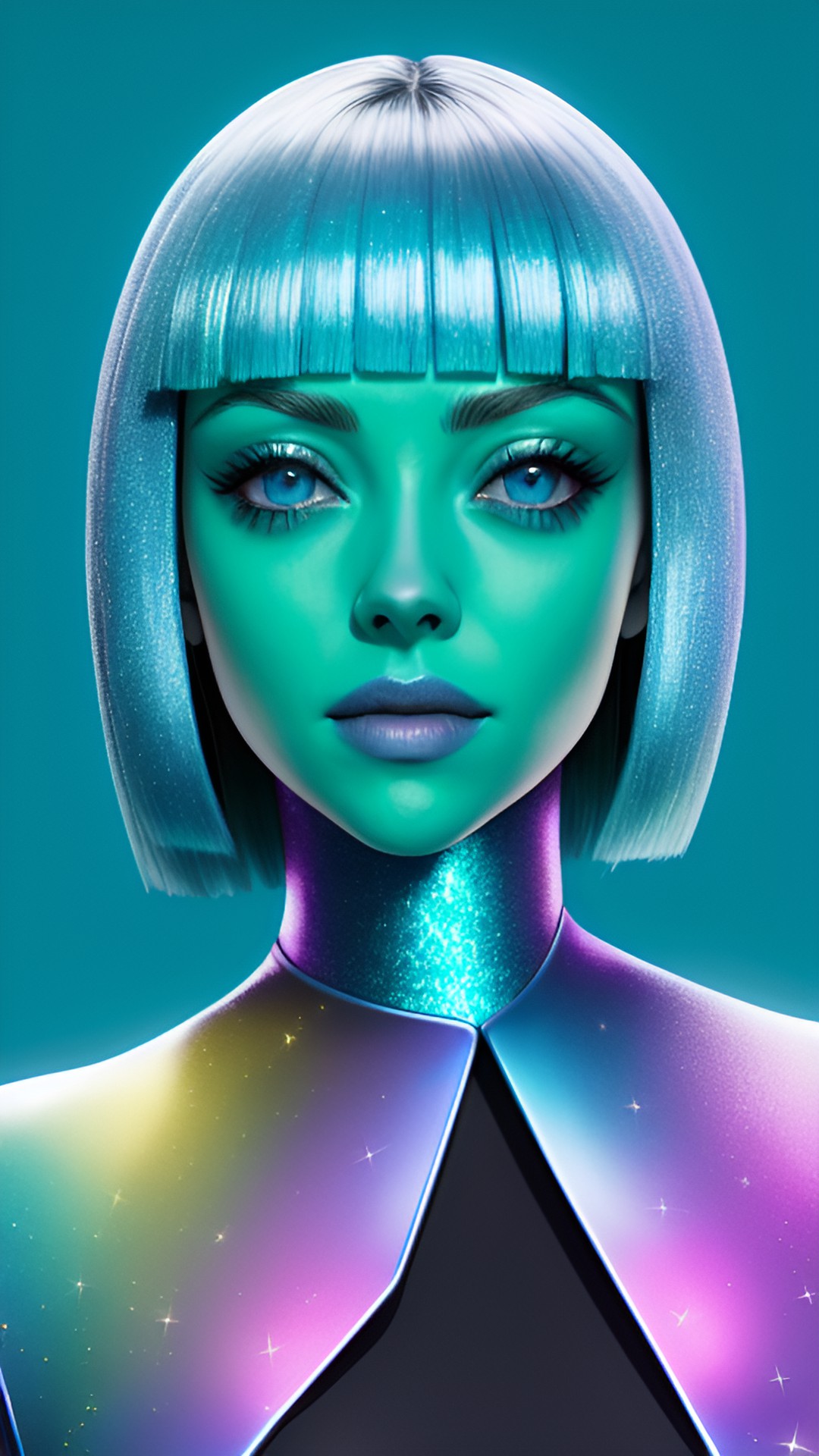 amanda seyfried as an android with teal blue metallic skin and a glittery background preview