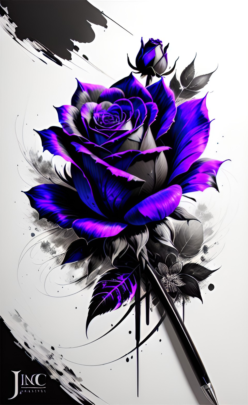 create a logo that has a quill pen and a purple rose with silver-edged petals. the logo should be simple yet elegant, and evoke a sense of creativity and sophistication. preview