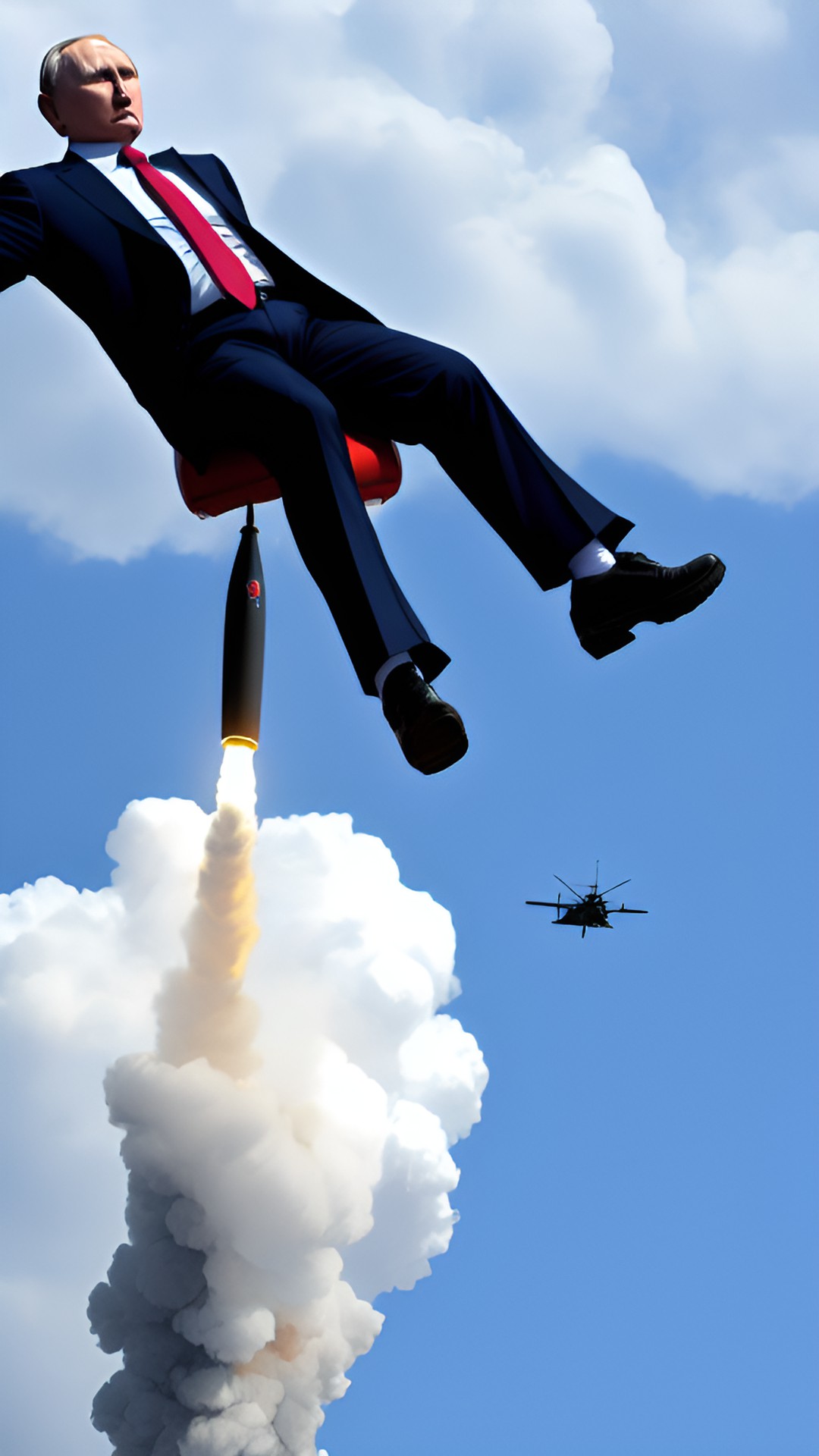 abnormally muscular president putin straddle on a missile and fly high. preview