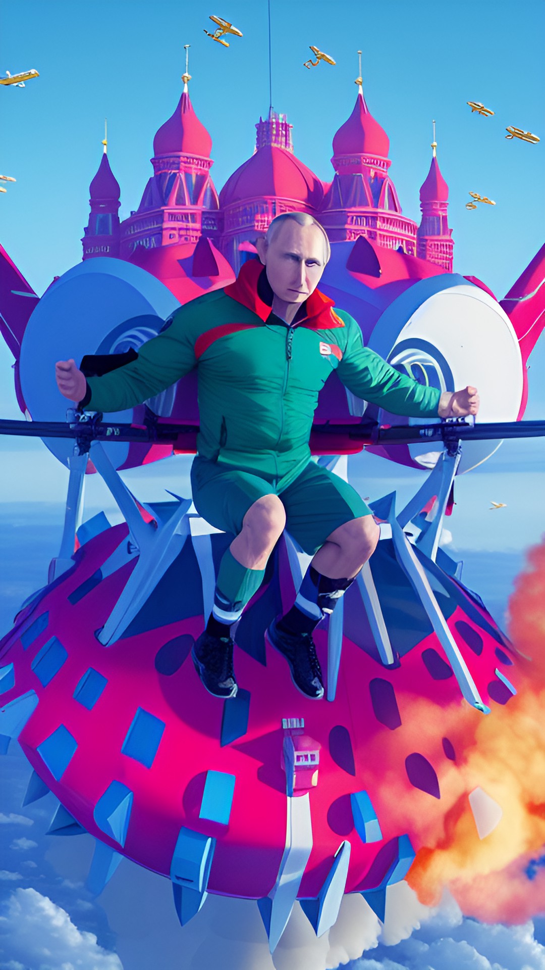 abnormally muscular president putin straddle on a missile and fly high. preview