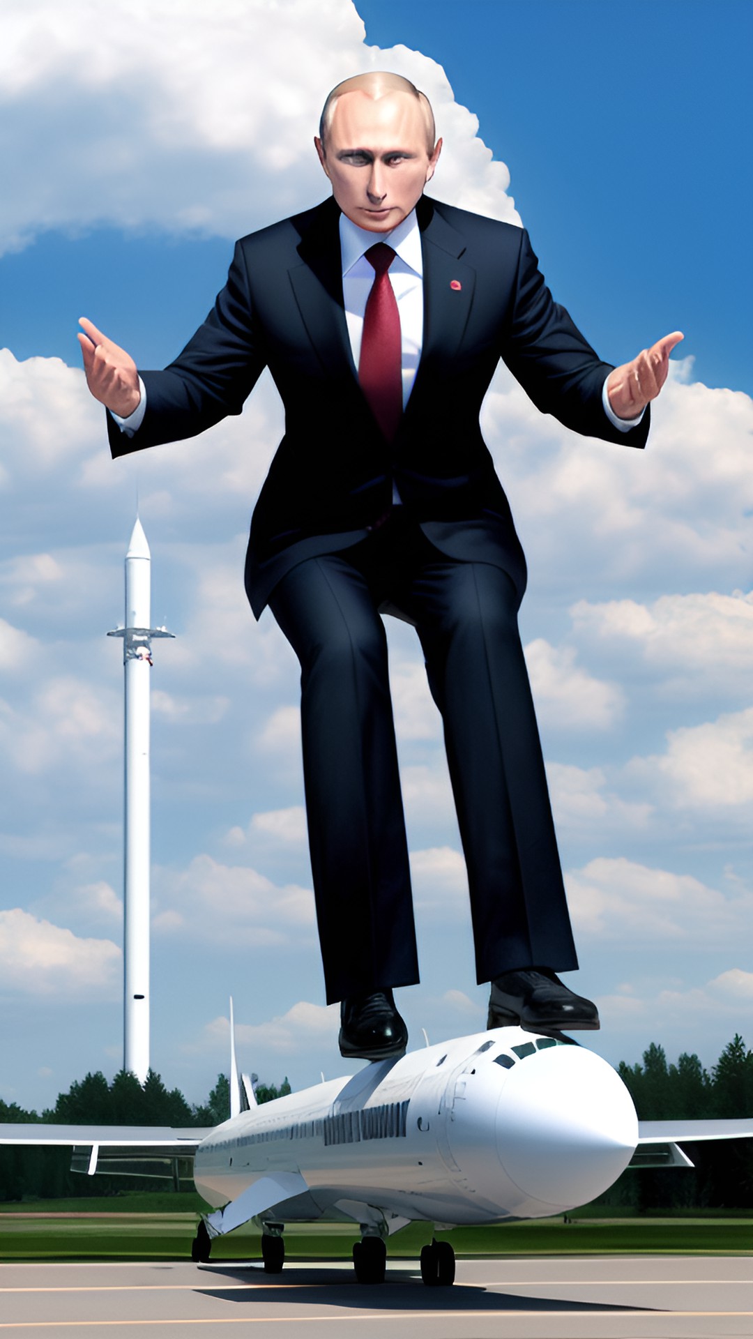 abnormally muscular president putin straddle on a missile and fly high. preview