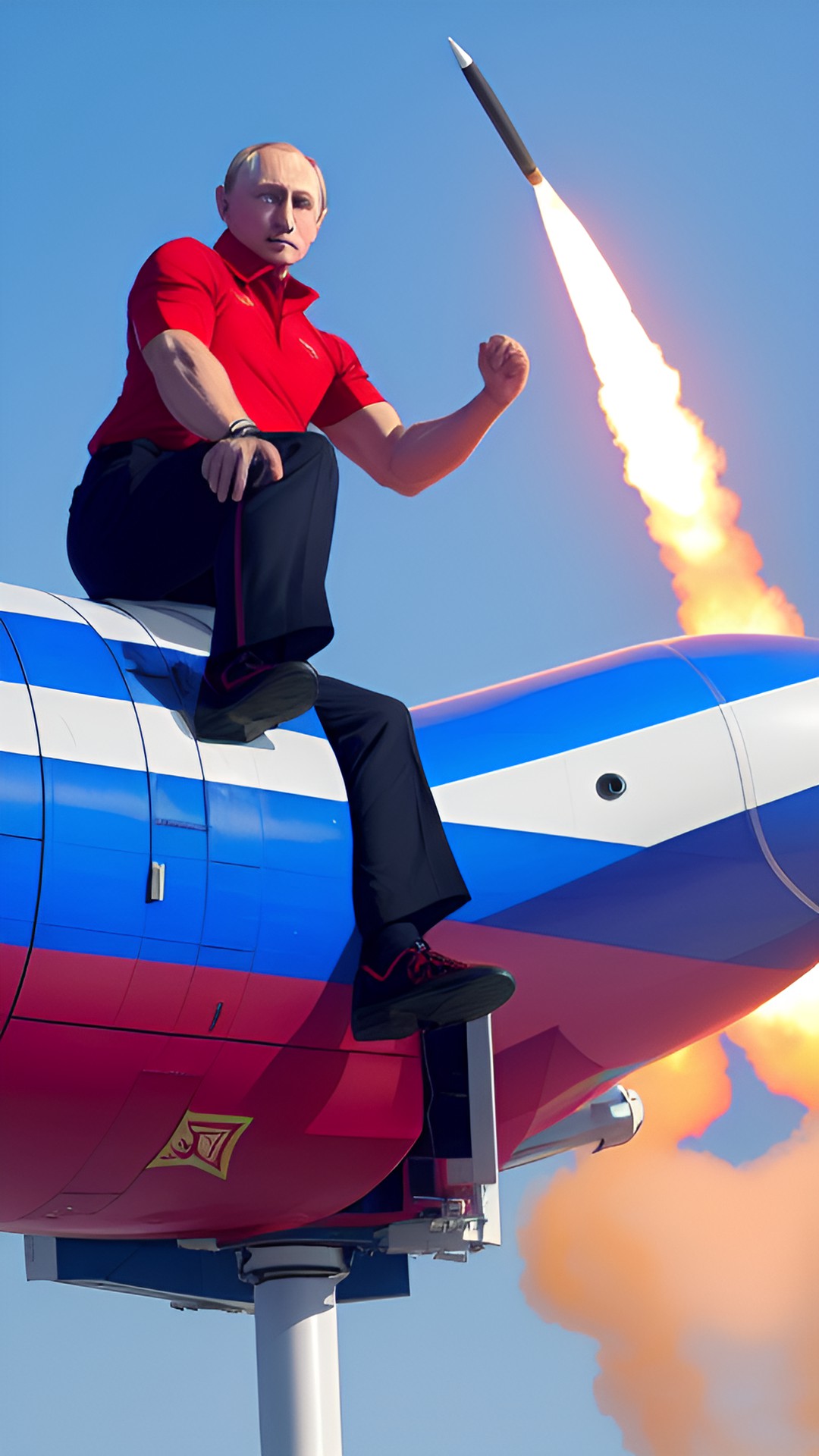 abnormally muscular president putin straddle on a missile and fly high. preview