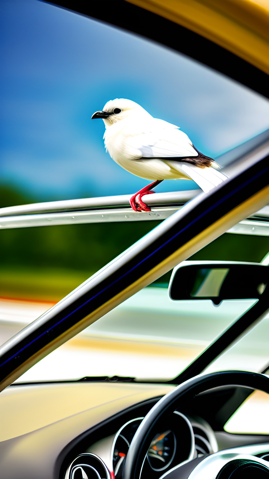 white bird in a car driving preview