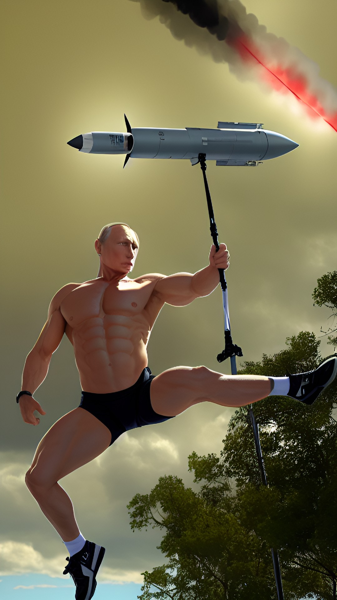 abnormally muscular president putin straddle on a missile and fly high. putin face preview