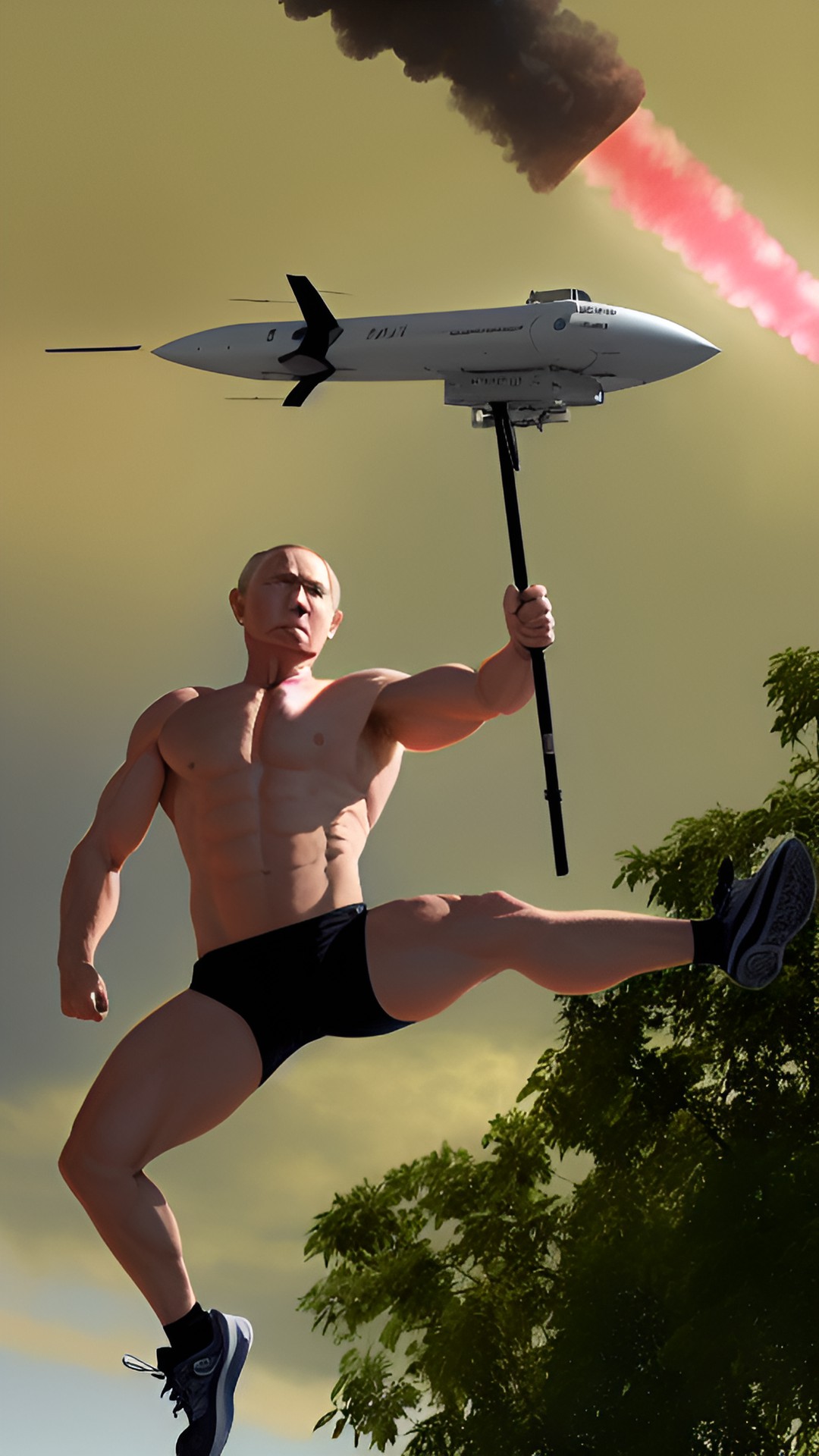 abnormally muscular president putin straddle on a missile and fly high. putin face preview