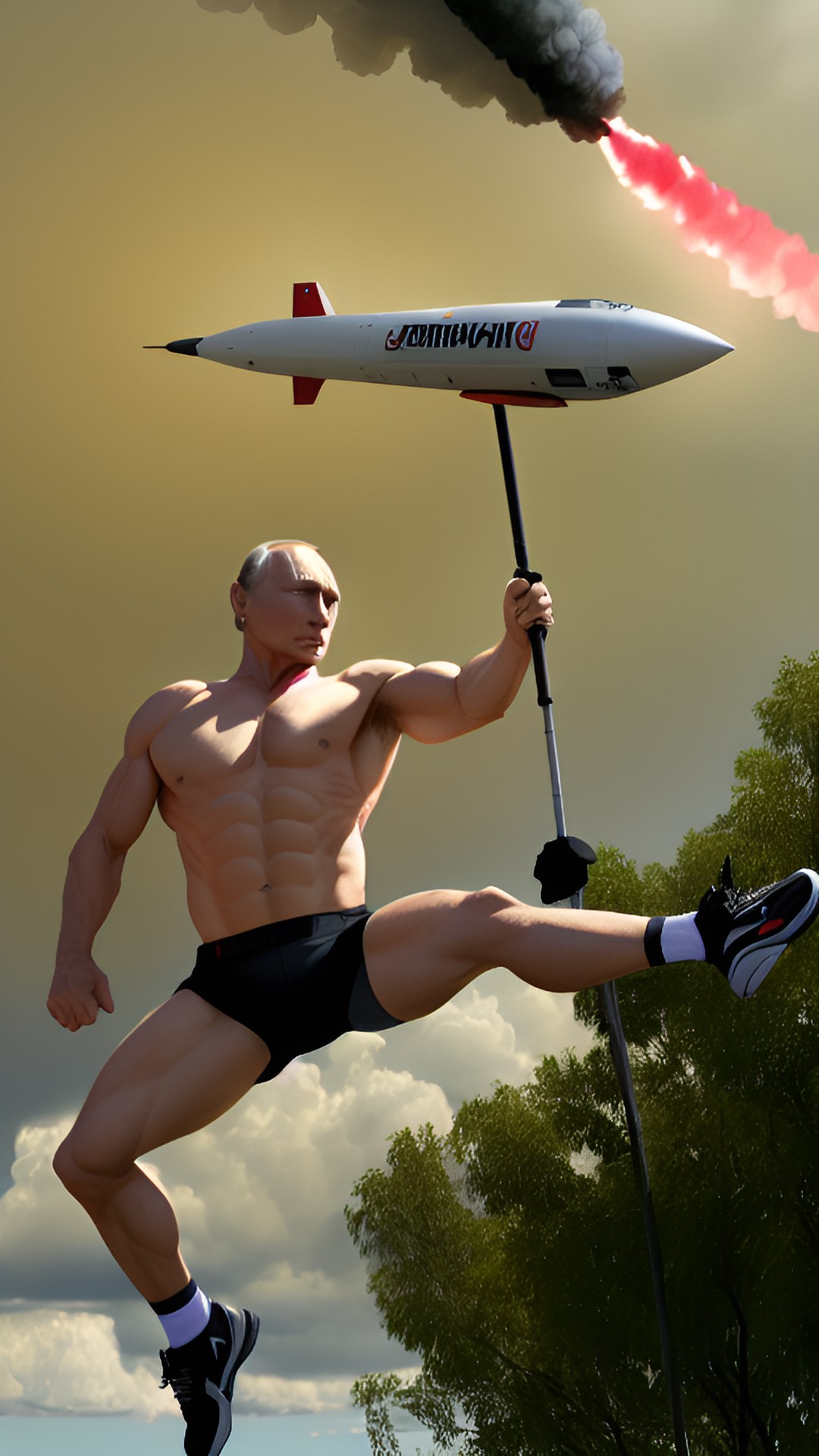 abnormally muscular president putin straddle on a missile and fly high. putin face preview