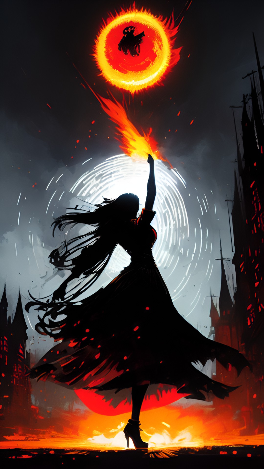 alluring sorceress creating magic ball of fire. black chainmail clothes. fantasy. preview