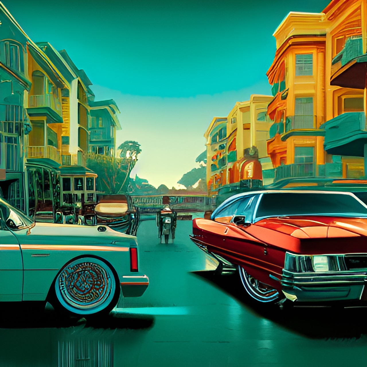 turquoise lowrider rides on the evening street of san francisco preview