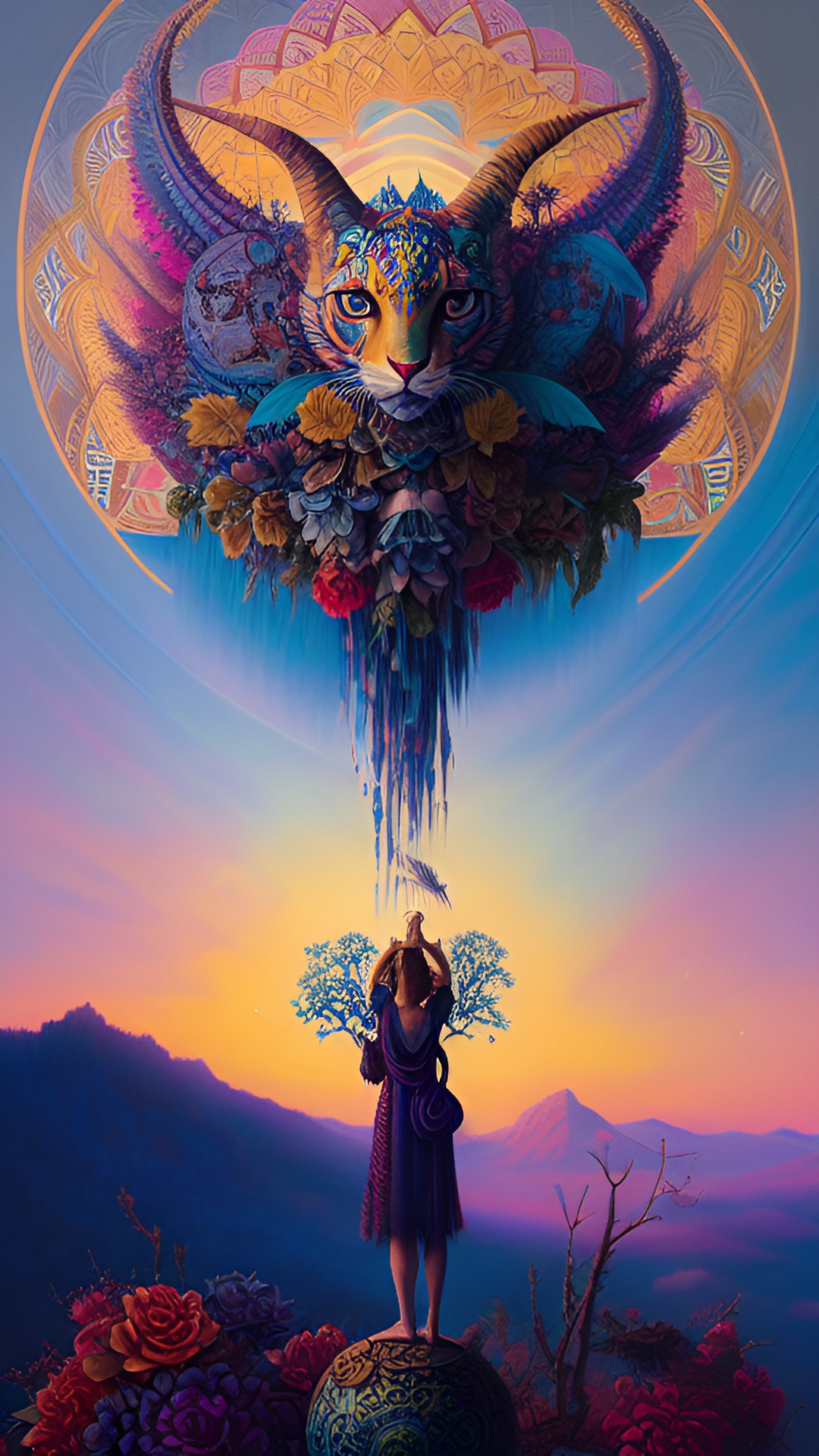 good morning - the first light of dawn creeping over a mountain range, a misty valley below and a lone figure stretching their arms out greeting the new day." preview