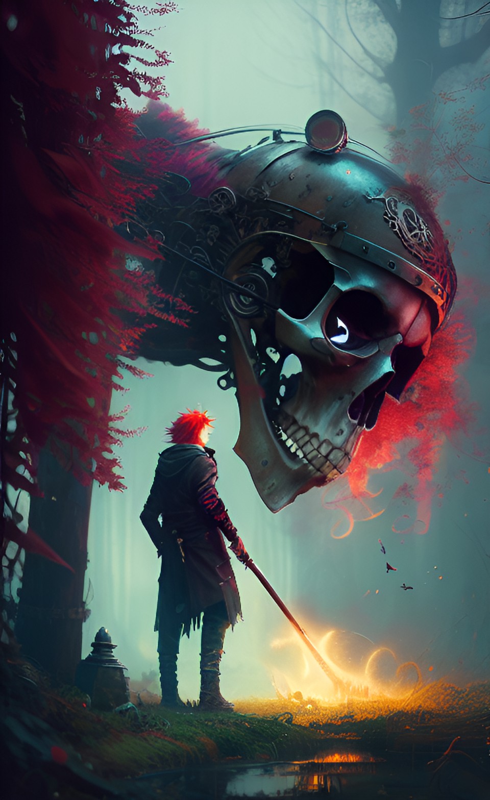 red hair long wavy, kissing a skull, grim reaper, steam punk, magic, long exposure, detailed preview