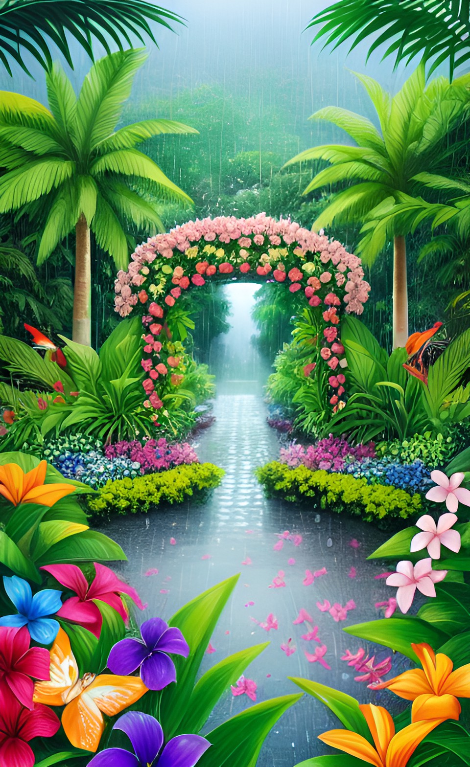 garden in the rain - the perfect tropical floral garden of eden, with rain drops on the petals, and birds hopping about preview