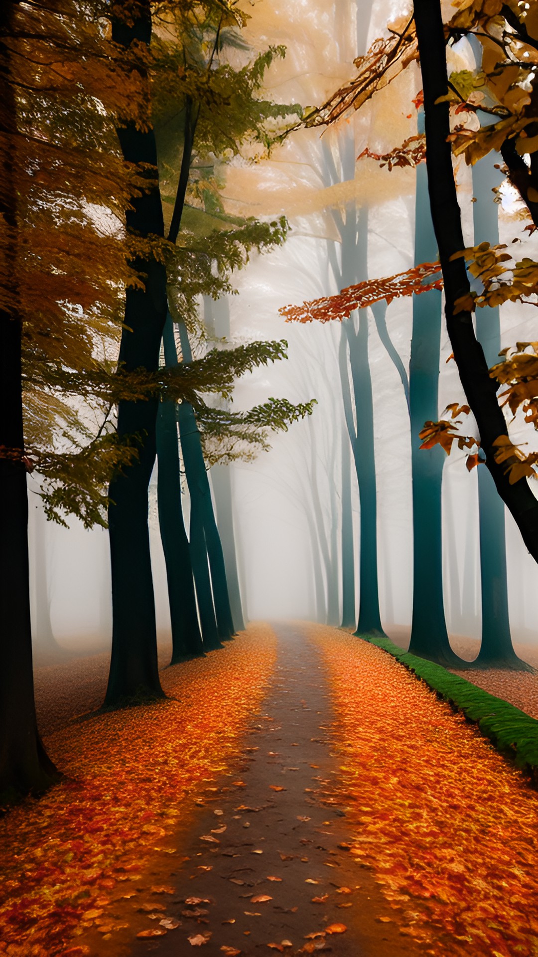 Autumn - fall gloomy - a misty forest pathway with autumn leaves crunching underfoot, leading towards a cozy cabin with a warm fire burning inside." preview