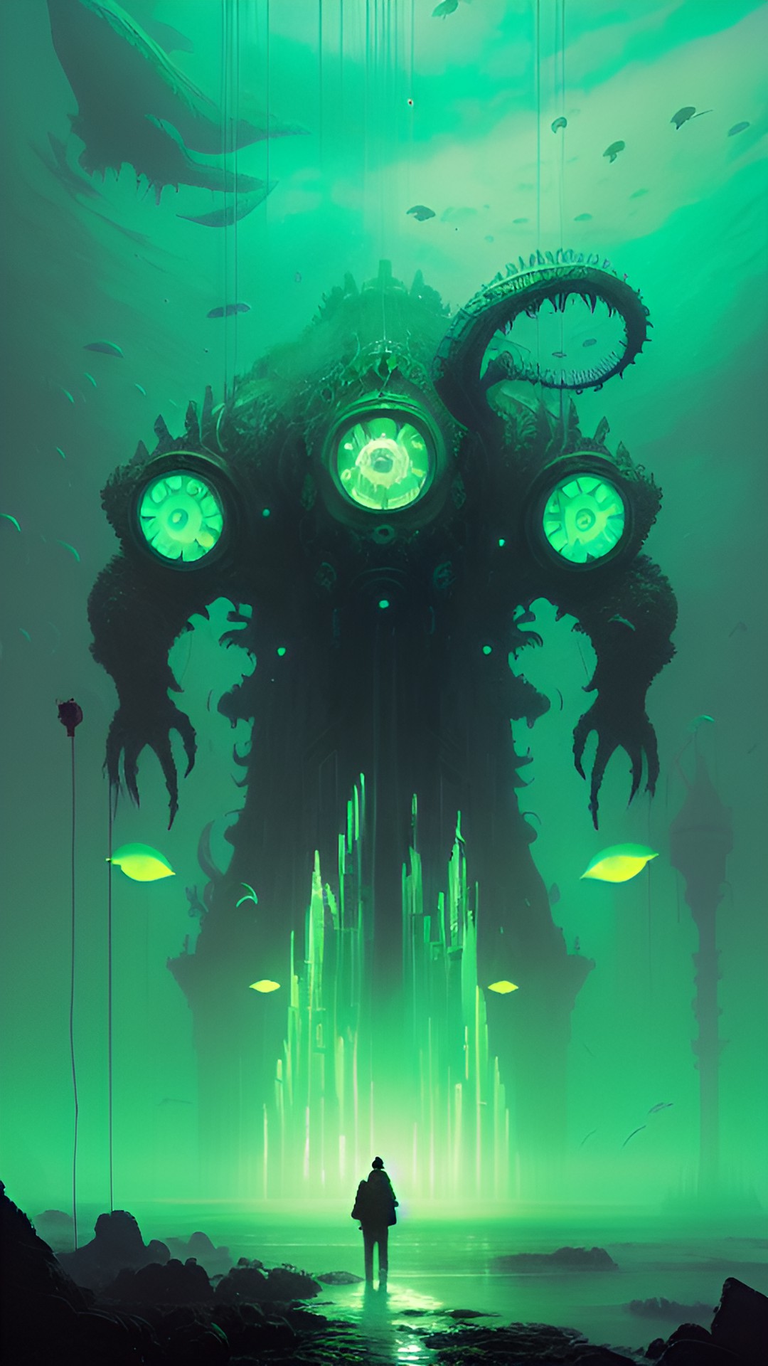 Submeriner - shadow over innsmouth  monster of the deep rising and a light of green jellyfish on a pier with green fog and a sea monster lovecraft preview