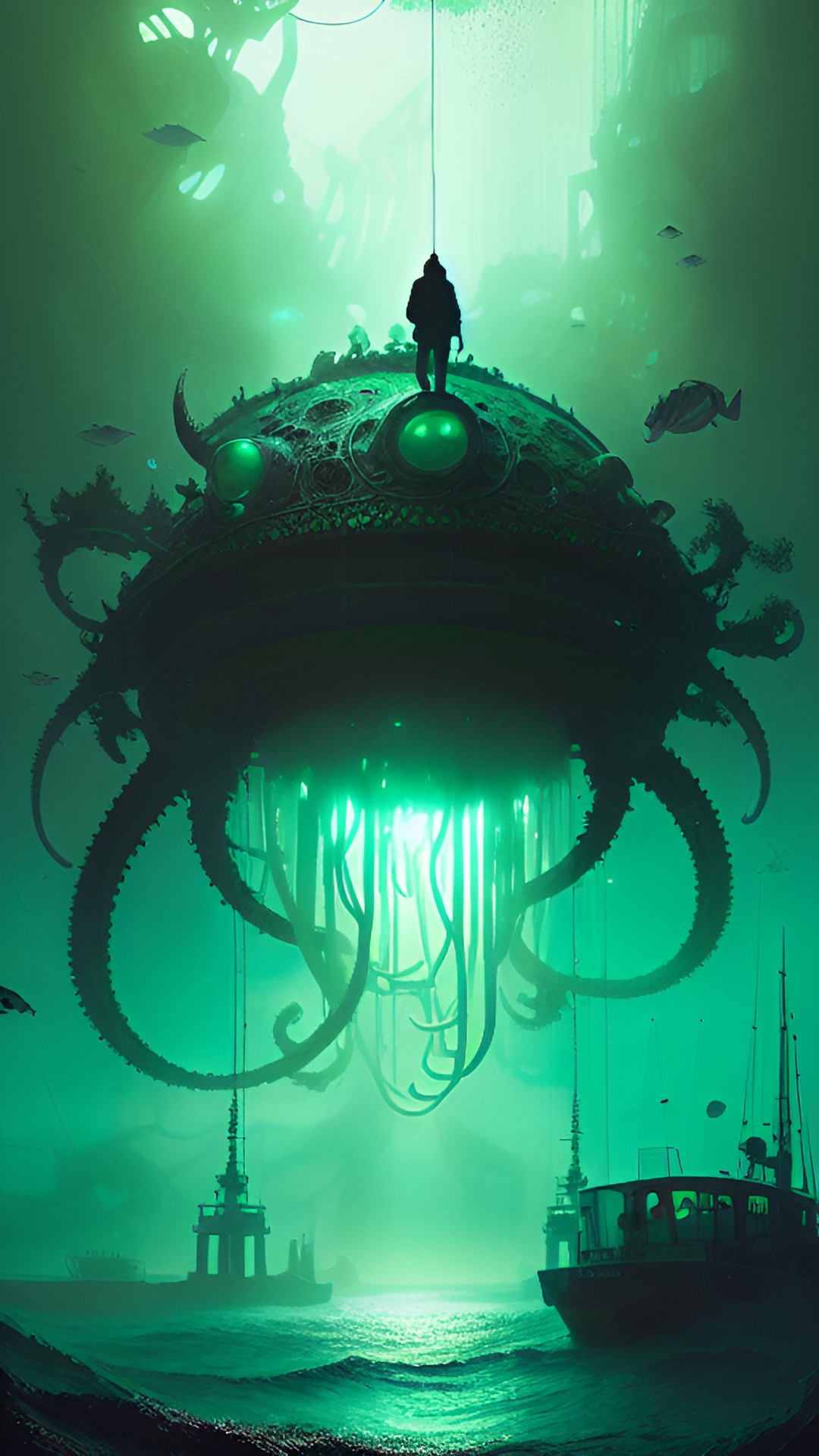 Kraken - shadow over innsmouth monster of the deep rising and a light of green jellyfish on a pier with green fog and a sea monster lovecraft preview