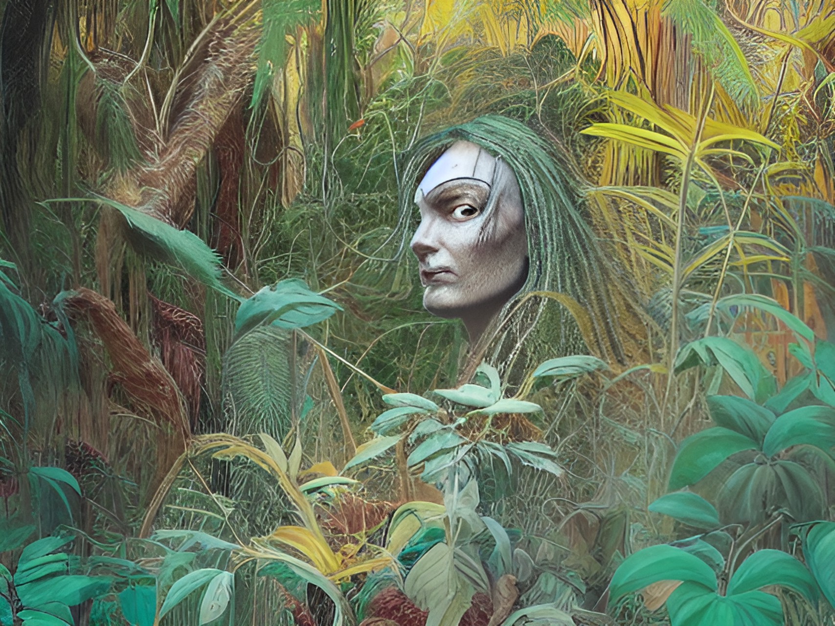 sketches on the jungle👤👤👤🦋🦋🌵🌳🌲🌵, portrait, artwork by h.r. giger & peter gric & salvador dalí, digital art concept art, brilliant foliage, exuberant forest preview