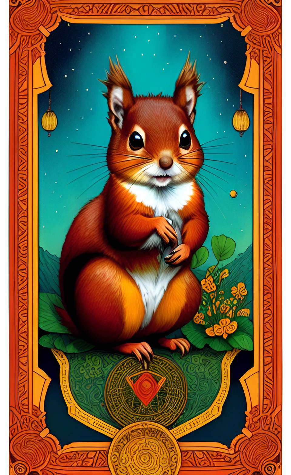 portrait of 1 cute red  squirrel, japandie, in the style of jean giraud illustration + symmetry + detailed intricate ink illustration + tarot card with ornate border frame + by peter mohrbacher + comp preview