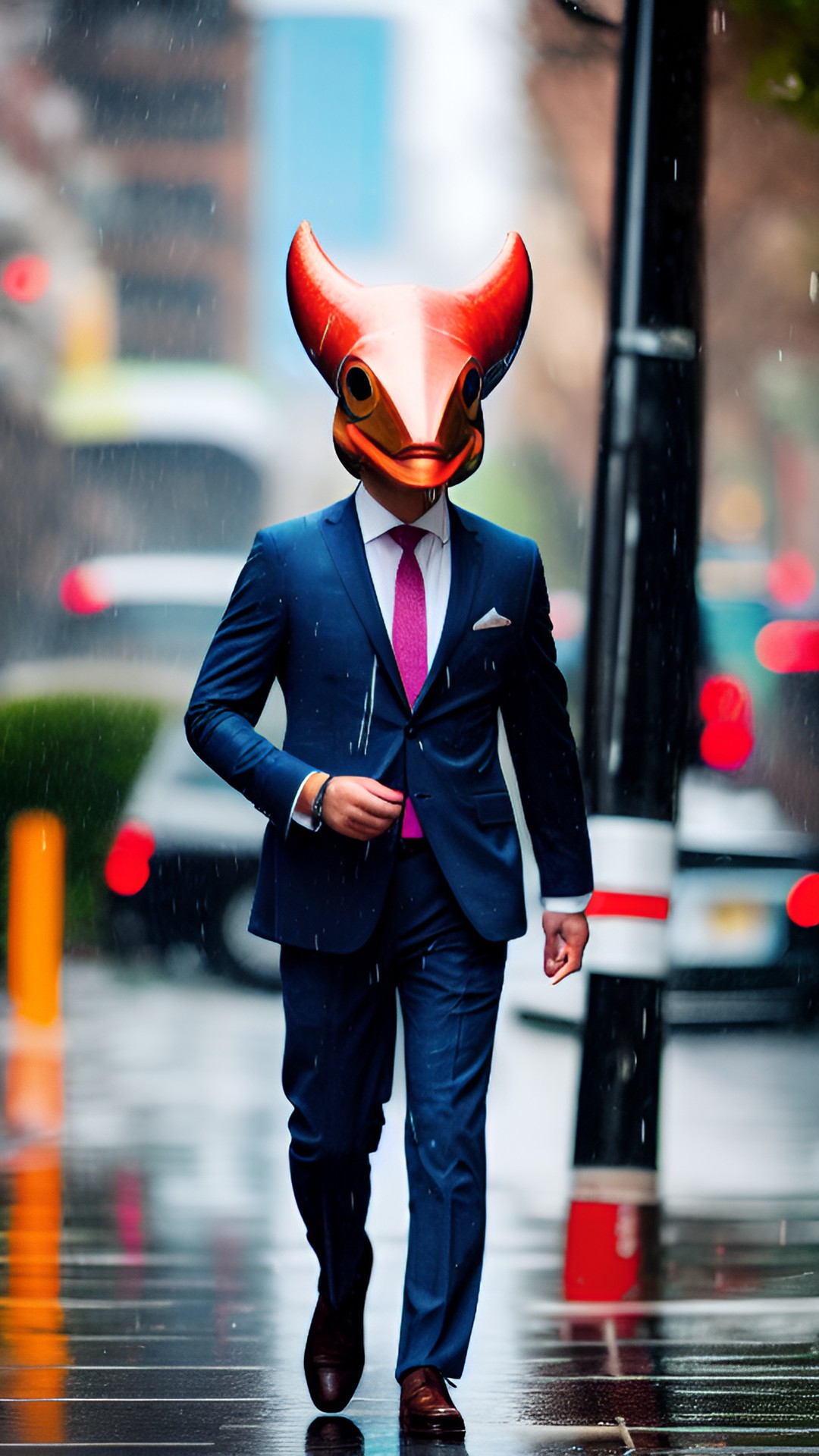 a fish-headed man in a suit is walking along the street, it is raining preview