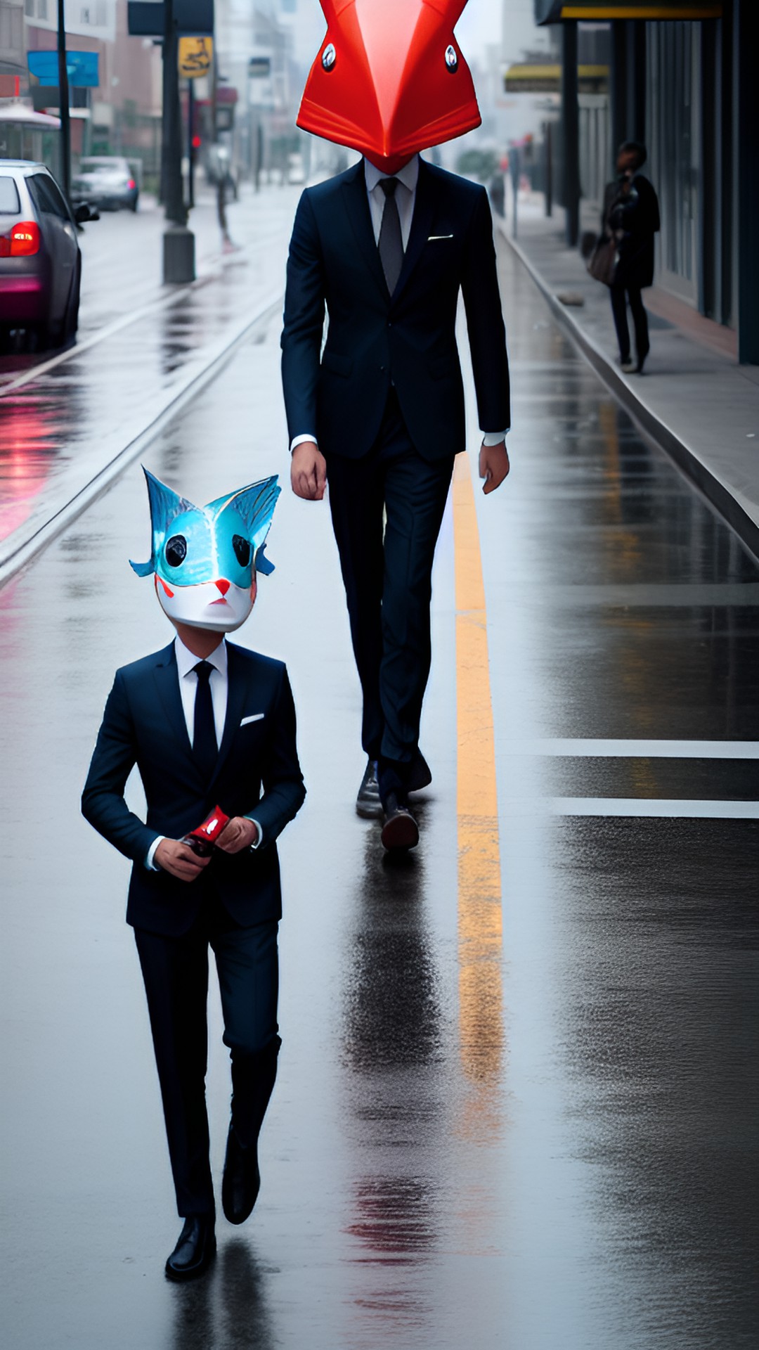 a fish-headed man in a suit is walking along the street, it is raining preview