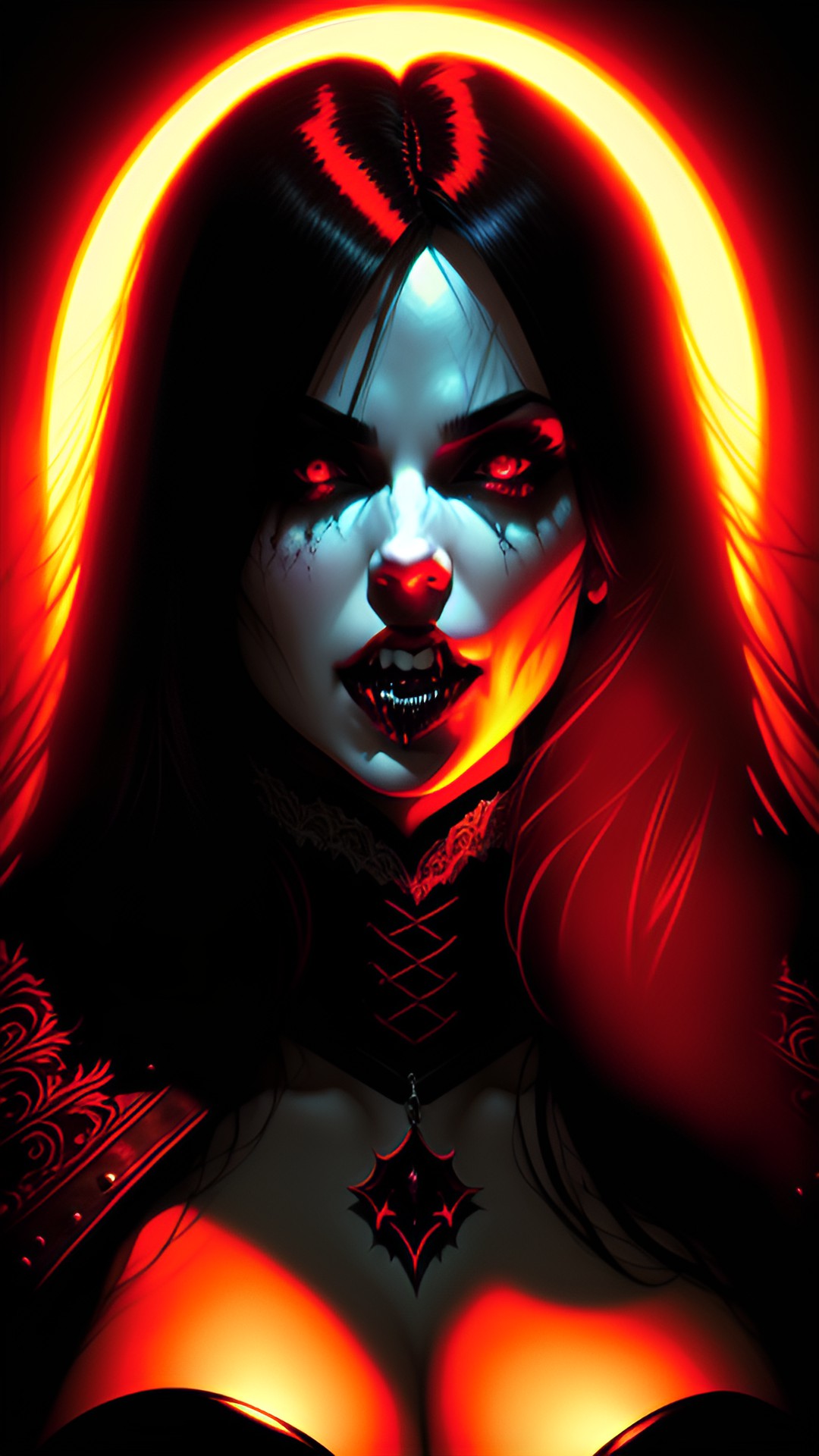 alluring vampiress biting a woman. fantasy. backlight. preview