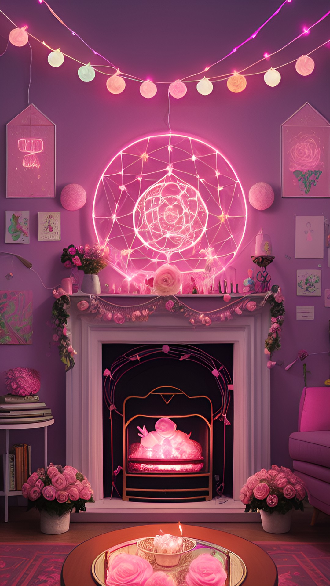 bubblegum witch, living room, string lights, fairy lights, pink roses, pink peonies, rose quartz, small strawberry dragon, cozy fireplace, pink candles, lacey dreamcatchers preview