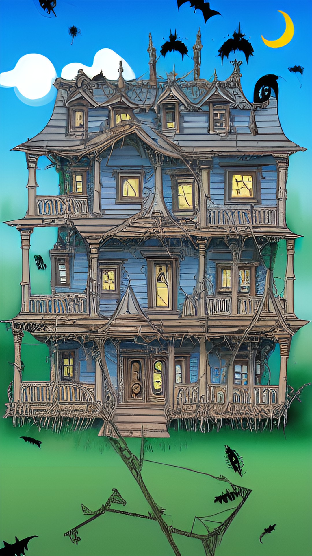 🧩🕸️🏠 - a spooky haunted house with intricate cobwebs adorning the exterior and a giant puzzle piece jutting out from the roof, like a symbol of a mystery awaiting to be solved within its walls." preview