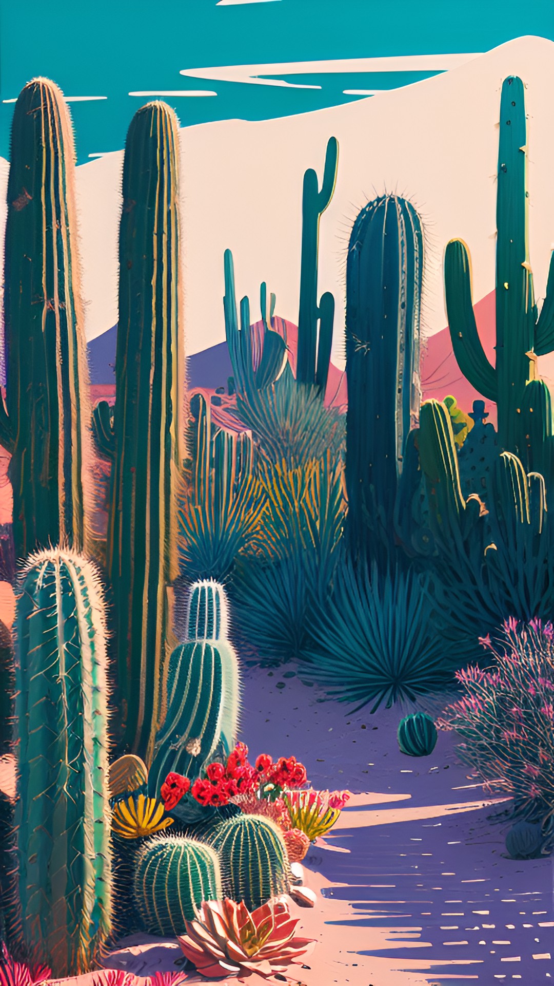 desert oasis,cacti,flowers,mirage,dusk preview