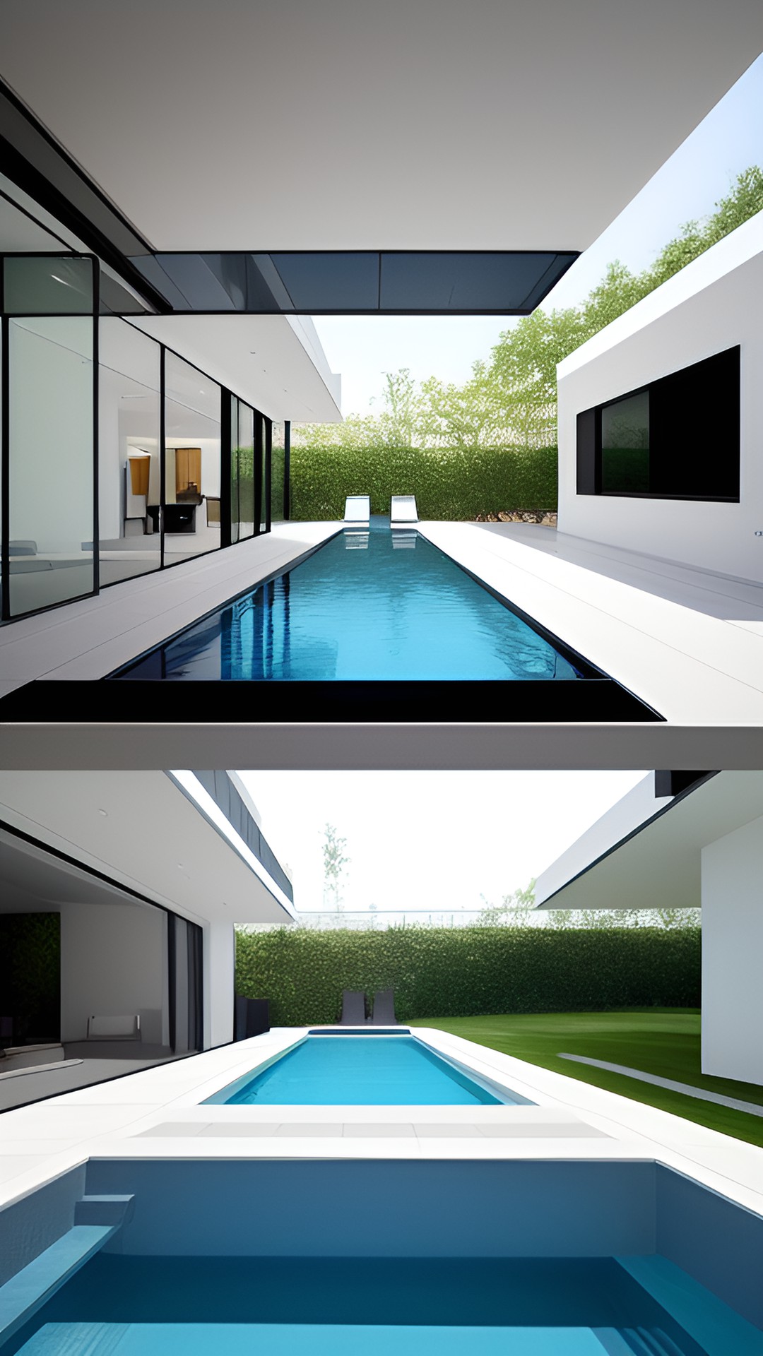 luxurious modern house, black and white square tiles flooring, gigantic swimming pool preview