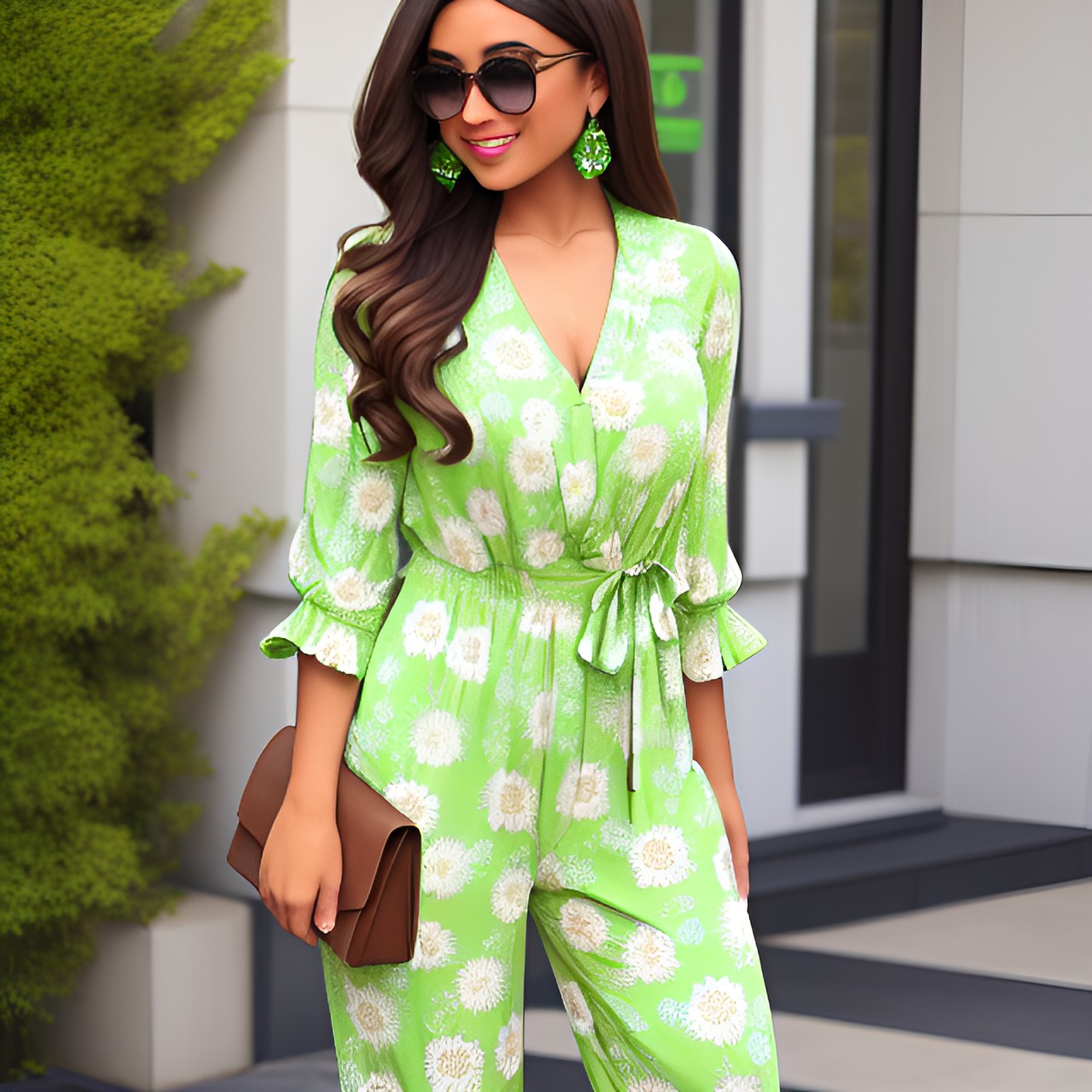 sears and roebuck 70 - lime green and white daisies patterned long sleeve jumpsuit on a brown haired pretty mixed woman preview