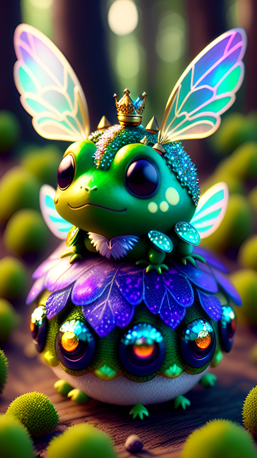 cute mini fairy toads with iridescent wings, shimmering skin, and tiny crowns perched atop their heads. they hop around in a magical forest. flies swarm above preview