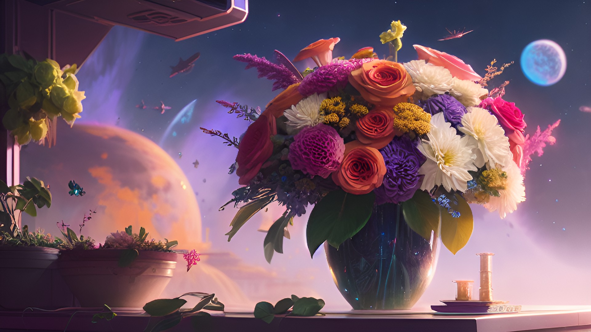 flower bouquet and spaceships preview