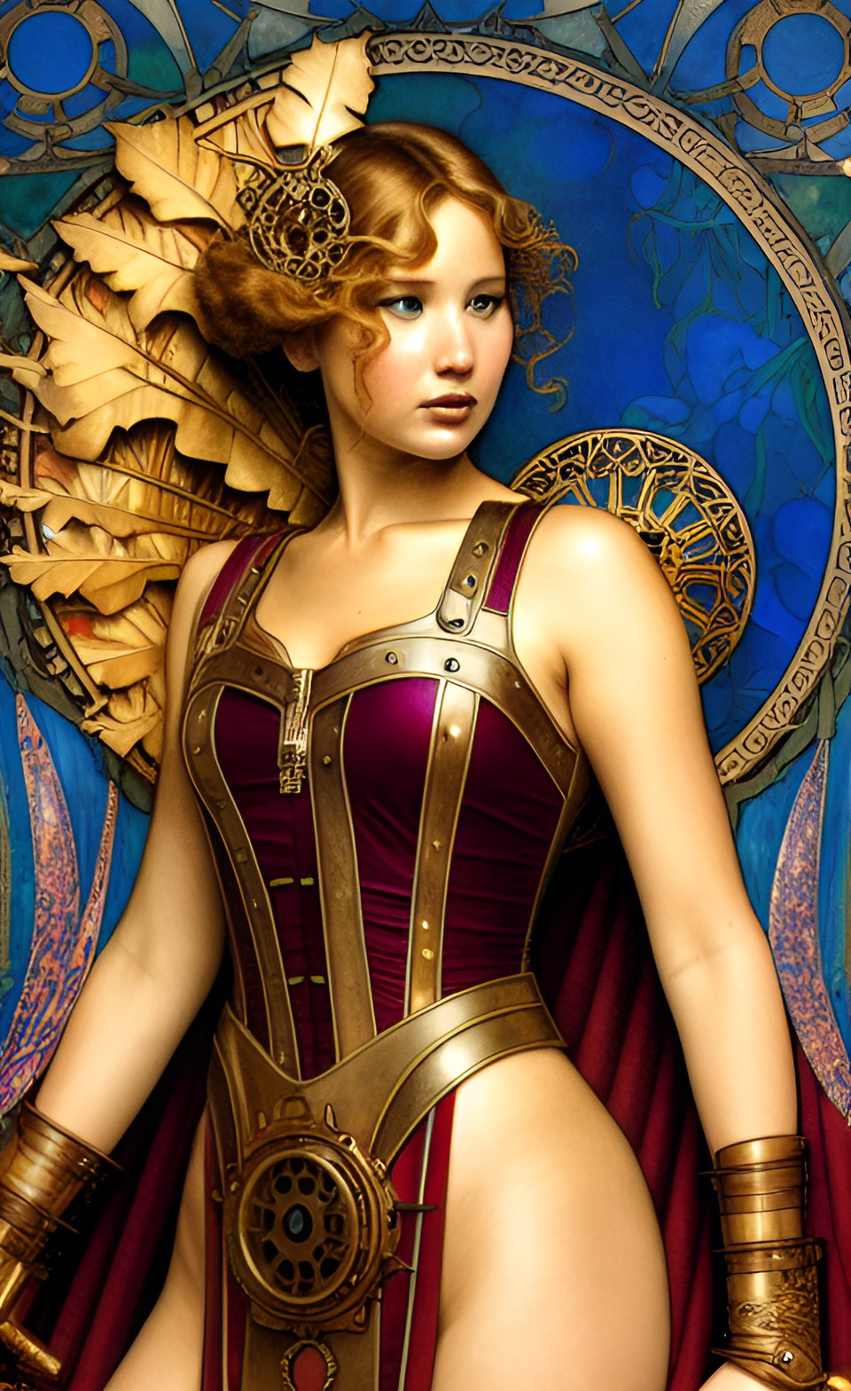 Mixed Art Styles - steampunk jennifer lawrence by moebius, mucha, botticelli, art nouveau, renaissance art preview